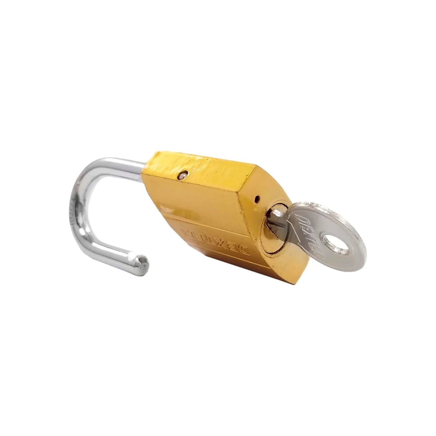 Candado de seguridad Dexter dorado abierto con llave insertada, gancho corto plateado