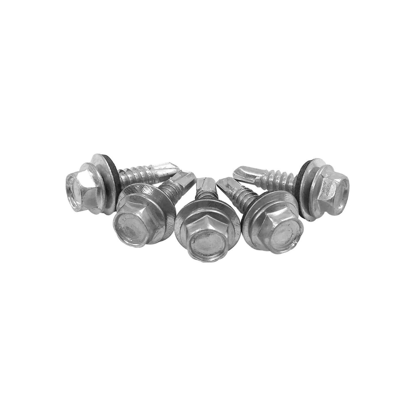 Tornillos autoperforantes metálicos cabeza hexagonal con arandela integrada, acabado zincado brillante para fijación.