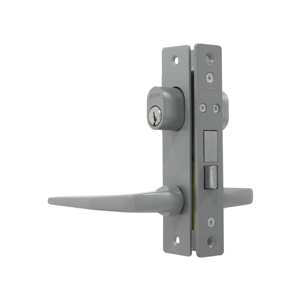 Cerradura Dexter gris para puerta de aluminio, con manija de palanca y cilindro de seguridad.