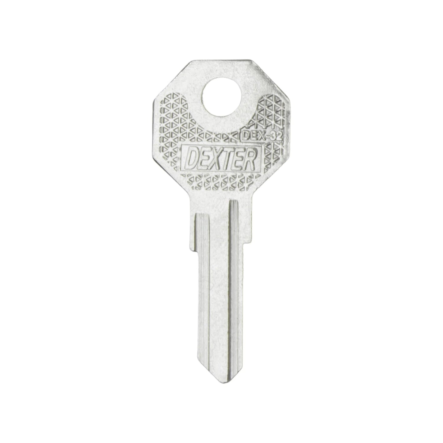 Forja de llave virgen Dexter DEX-32 niquelada, con diseño triangular en cabeza para duplicado.