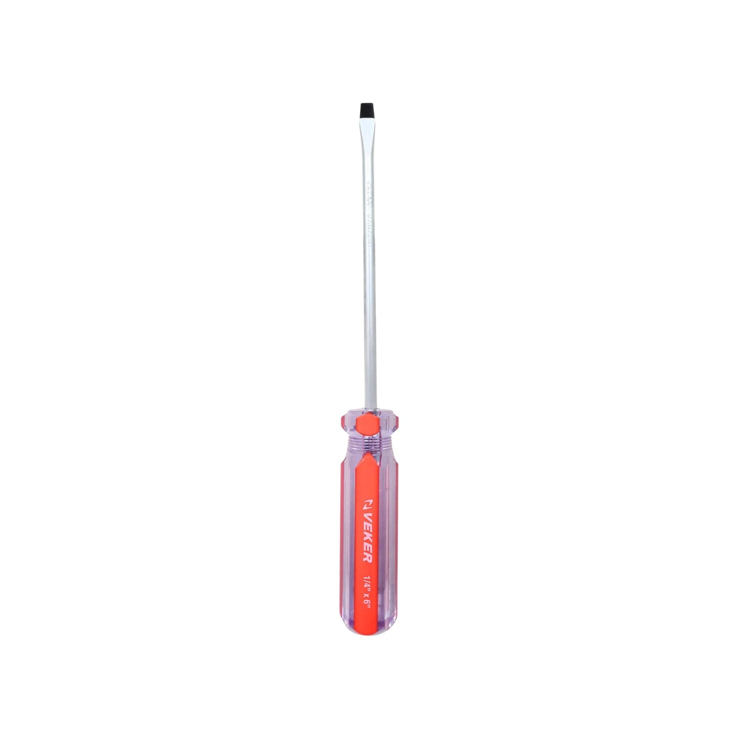 Desarmador plano VEKER 1/4"x6" de acero cromo vanadio, mango transparente rojo para tornillos ranurados