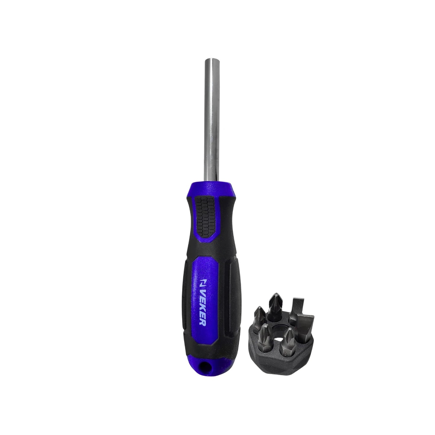 Desarmador Veker con juego de 6 puntas intercambiables, mango azul y negro ergonómico