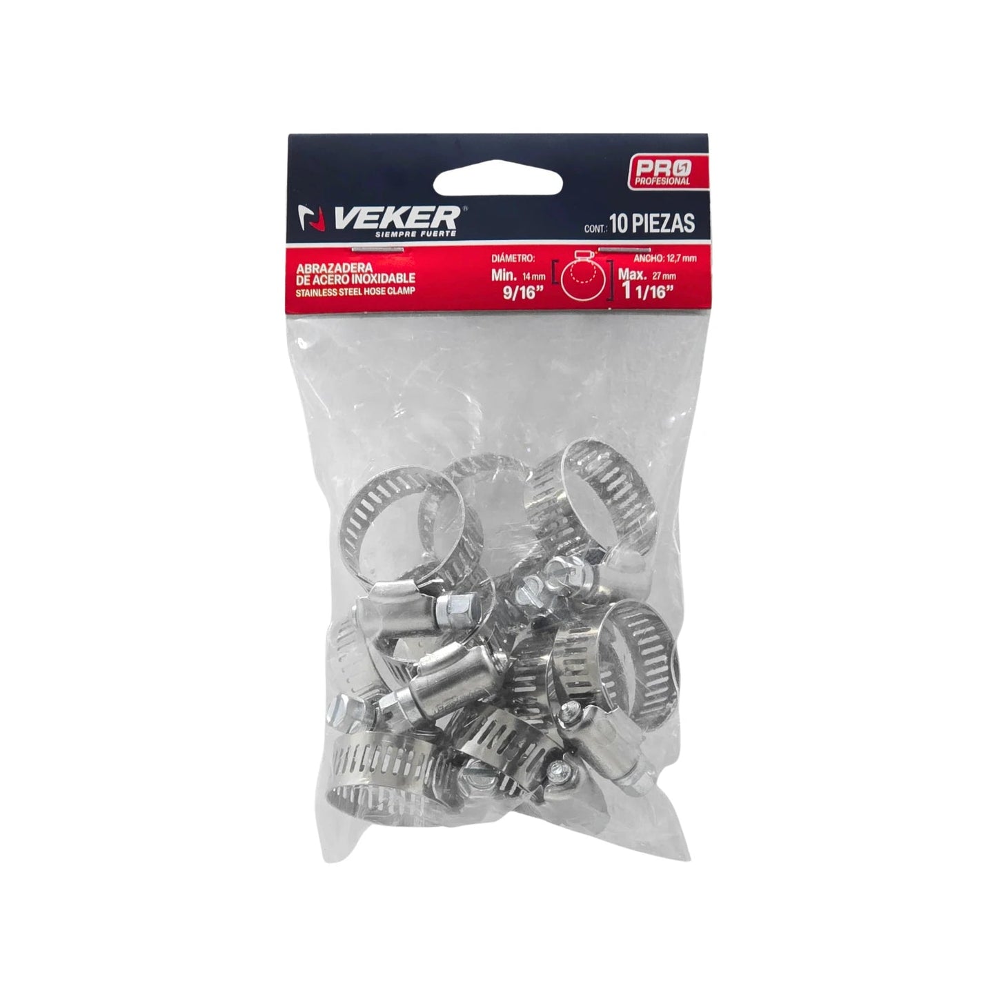 Juego de 10 abrazaderas sin fin Veker de acero inoxidable para mangueras, de 9/16" a 1 1/16".