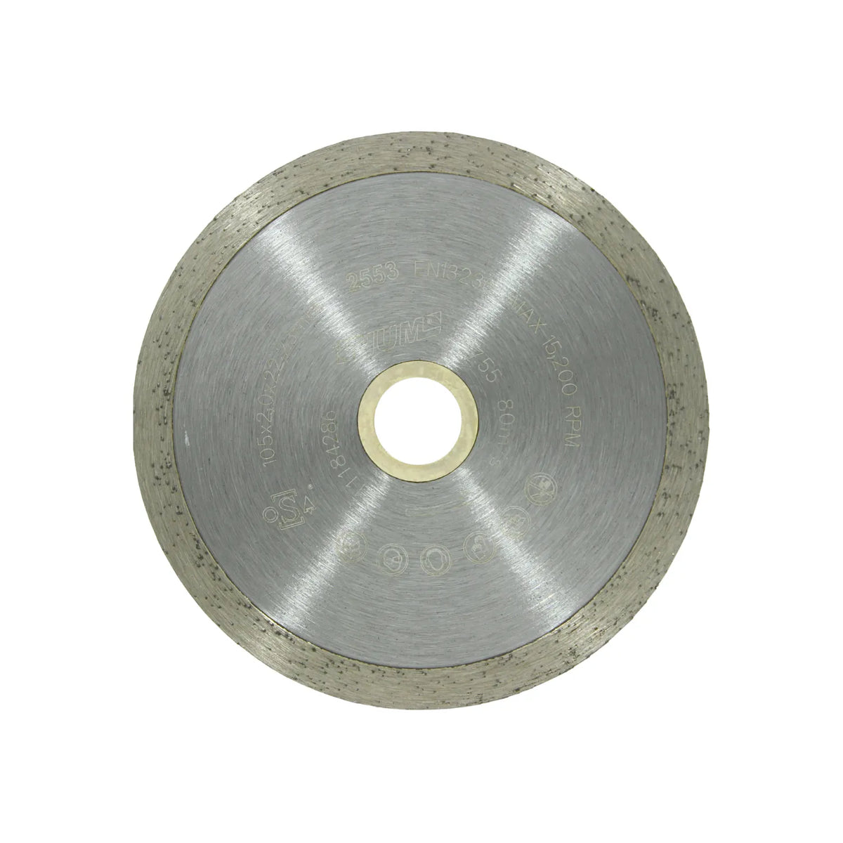 Disco de corte diamantado 105x2.0x22mm para amoladora, ideal para cerámica y mármol con velocidad de 15200 RPM.