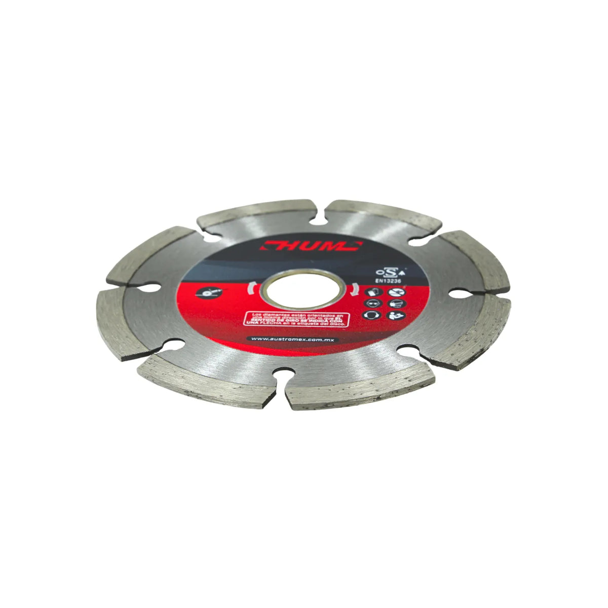 Disco diamantado segmentado Austromex para corte de concreto y materiales de construcción con centro rojo.