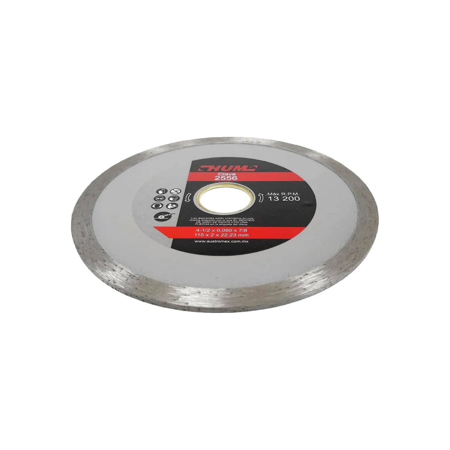 Disco diamantado HUM 4 1/2 pulgadas corona continua para corte de materiales duros hasta 13200 RPM, gris y rojo