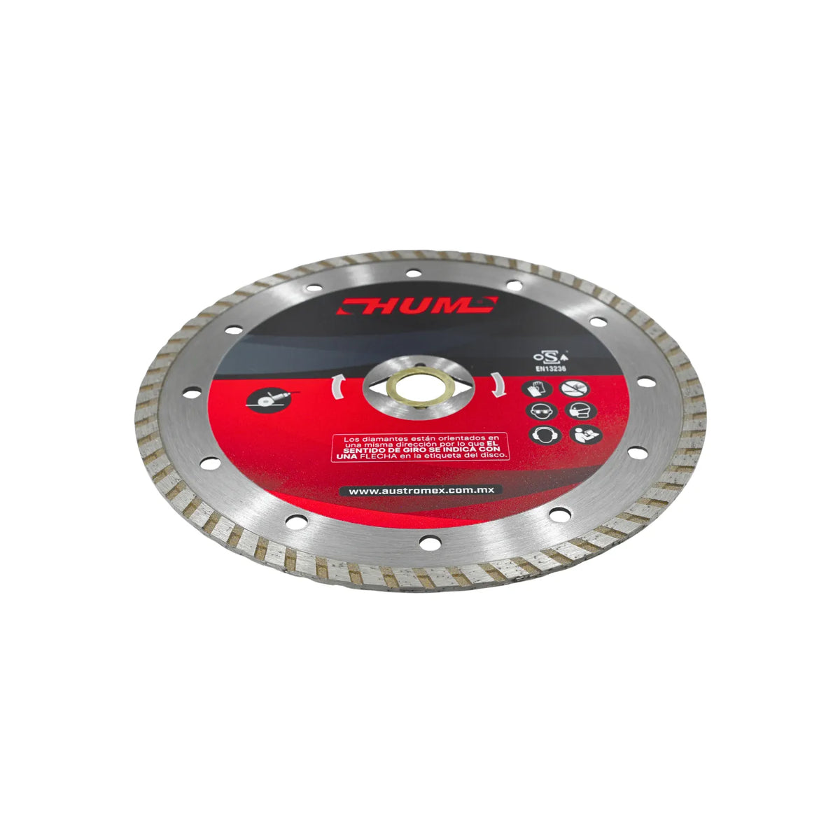Disco de diamante turbo HUM para corte en seco de concreto y piedra con orificios de ventilación.