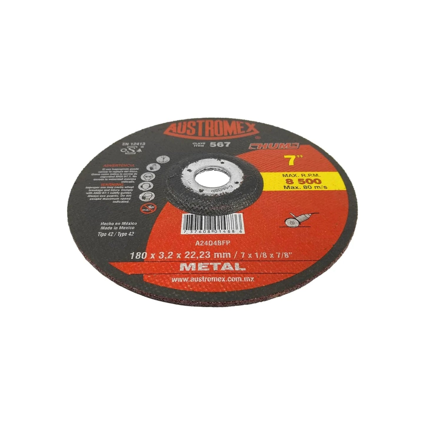 Disco de corte para metal Austromex 567, 7 pulgadas (180x3.2mm), 8500 RPM, color rojo y negro.