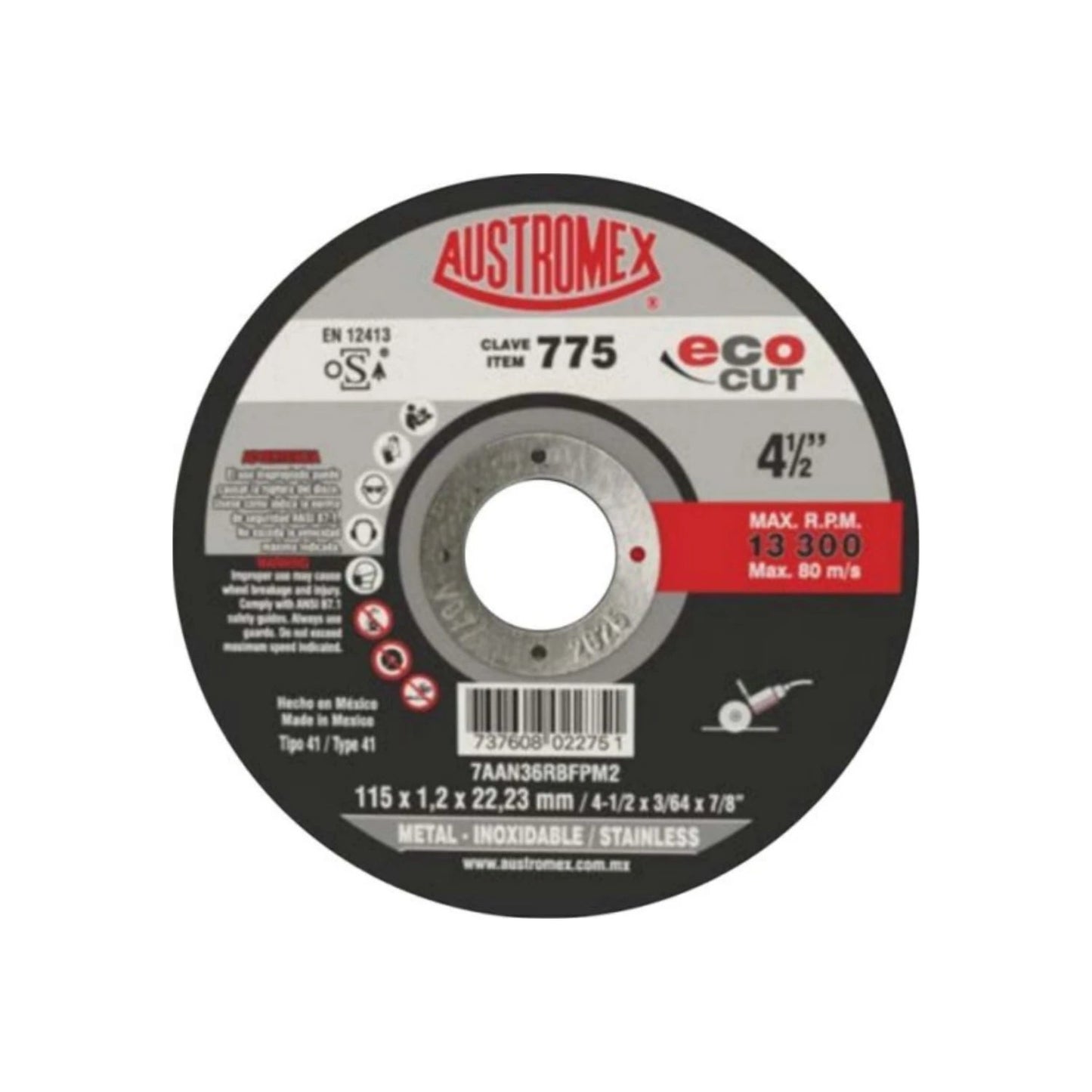 Disco de corte Austromex ECO CUT 775 4 1/2" para metal e inoxidable, 13300 RPM
