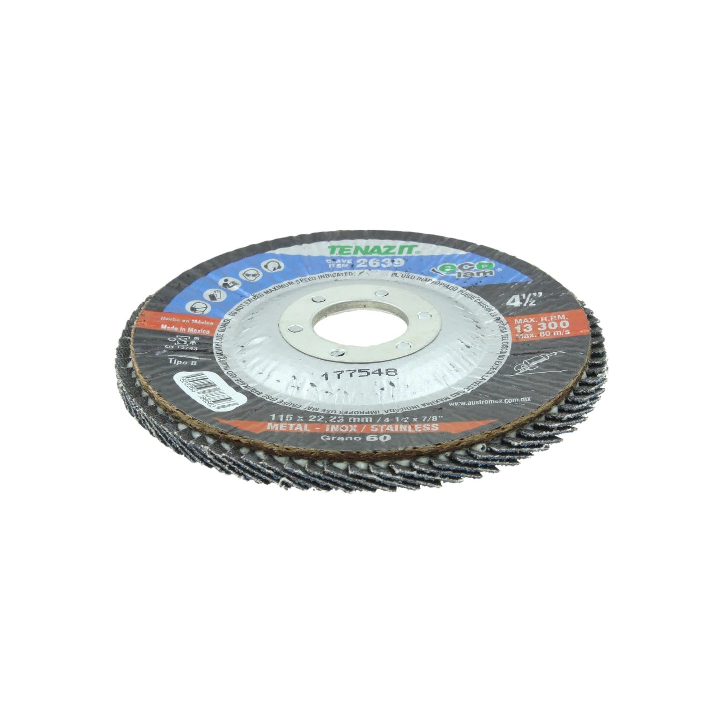 Disco laminado Tenazit 2639 4-1/2" grano 60 para desbaste de metal e inoxidable (inox), 13300 RPM