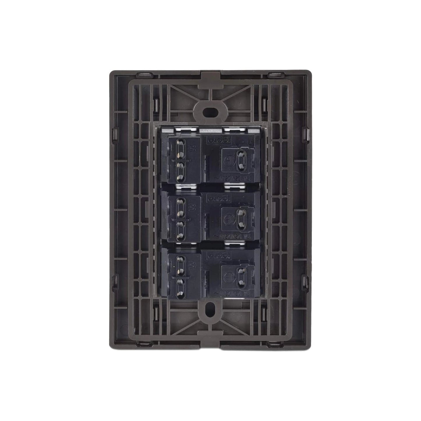 Base eléctrica modular Igoto 3 módulos, parte trasera con terminales para conexiones, plástico gris oscuro 16A