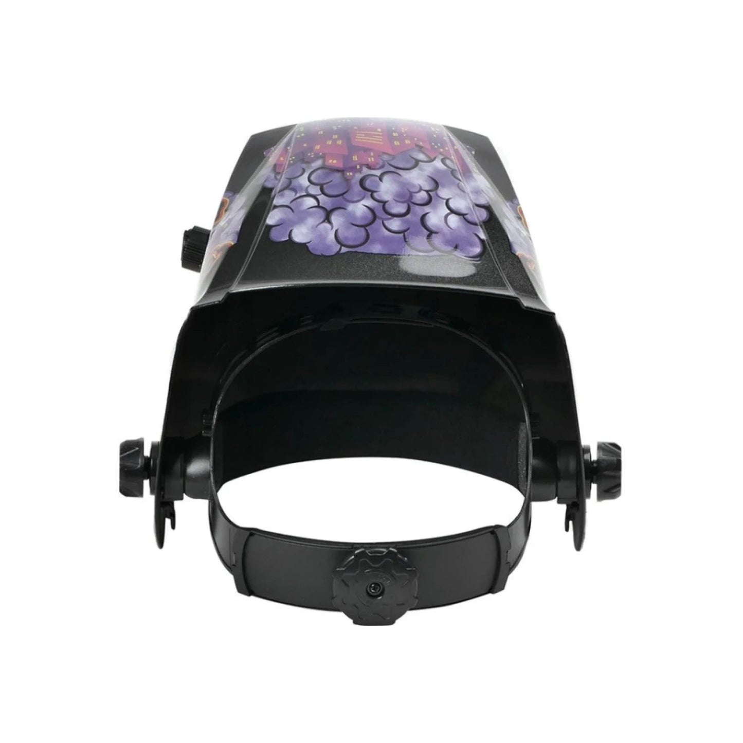Careta para soldar automática negra con diseño gráfico de nubes moradas y rascacielos para protección.