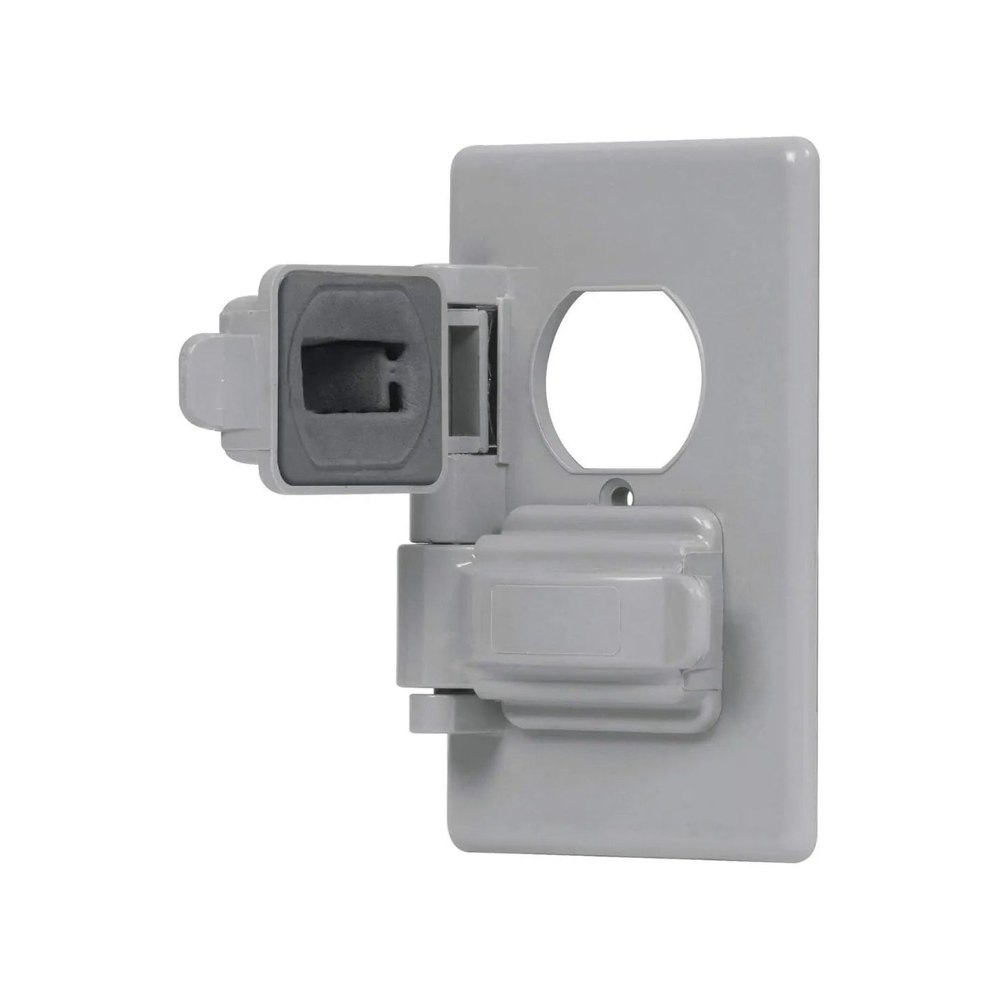 Placa dúplex para intemperie gris, cubierta protectora abatible para toma de corriente exterior