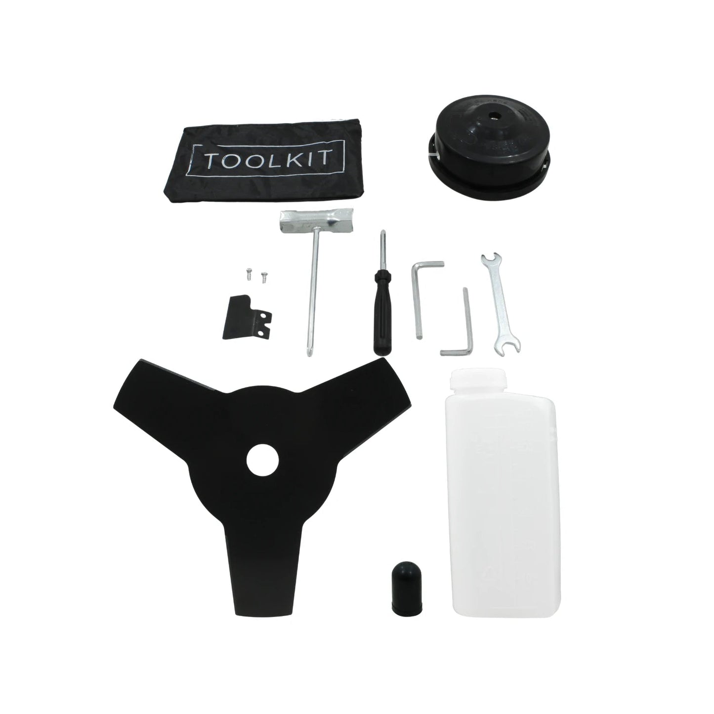 Kit de accesorios y herramientas para desbrozadora: cuchilla negra 3 puntas, cabezal de nylon, llaves, botella mezcladora.
