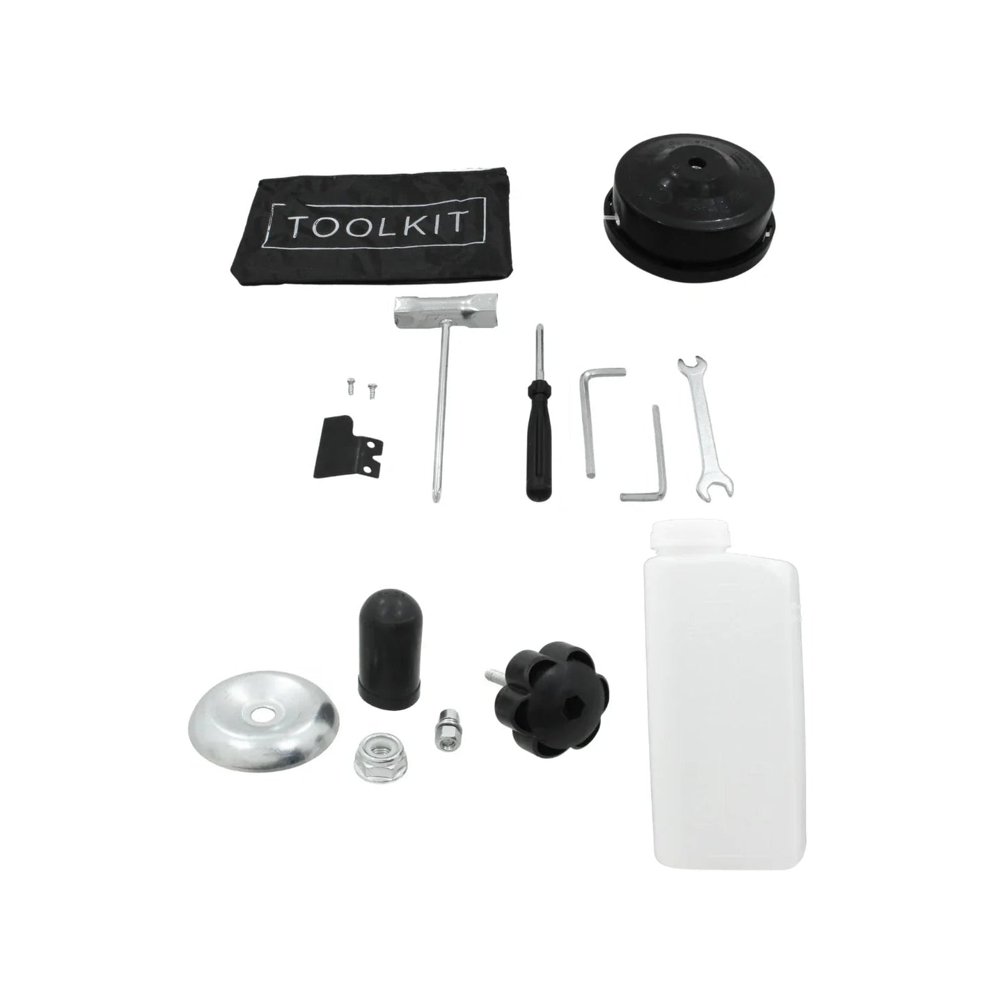 Accesorios y herramientas para desbrozadora: cabezal de hilo, botella mezcladora, llaves, tornillos y kit.