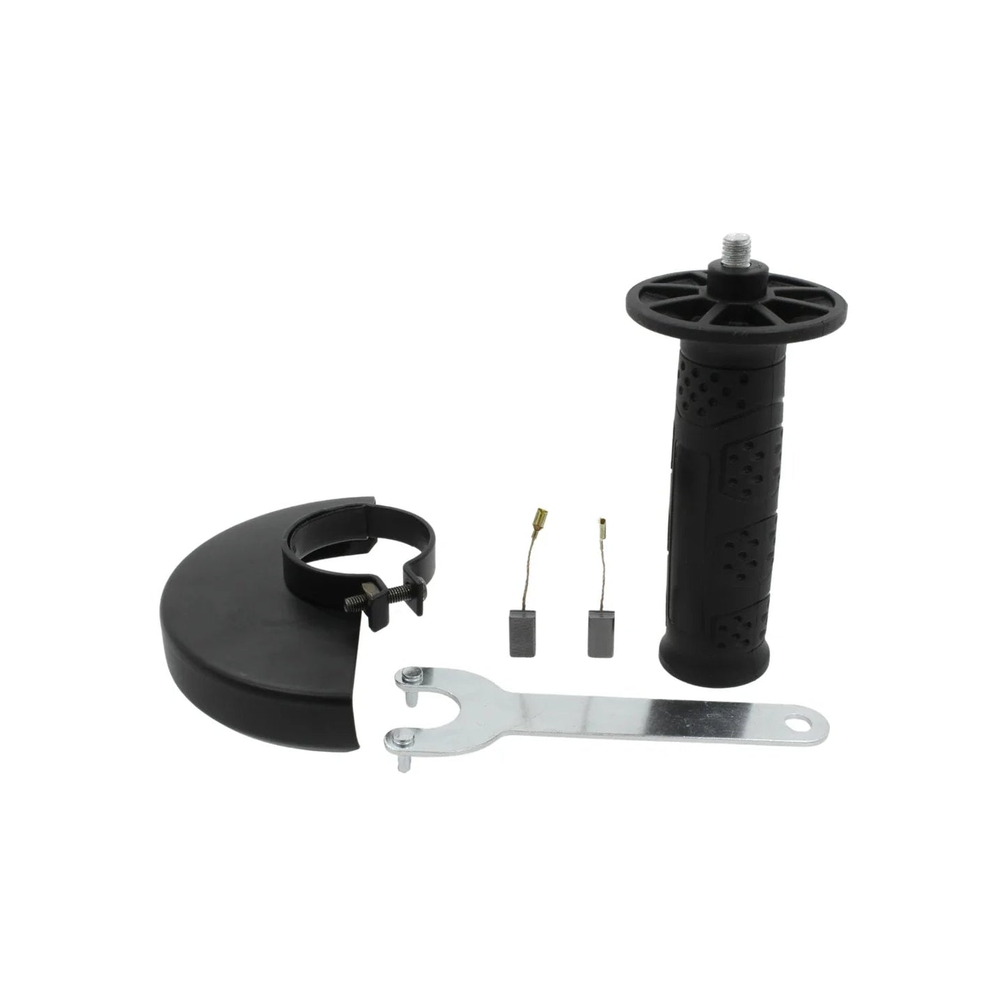Kit de accesorios para esmeriladora angular: guarda de seguridad, mango lateral, carbones y llave de disco.