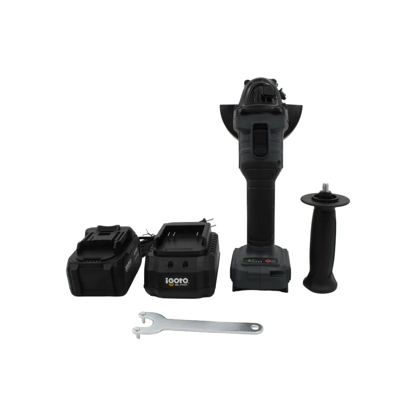 Esmeriladora angular inalámbrica 20V Igoto BL PRO negra con 2 baterías, cargador y accesorios