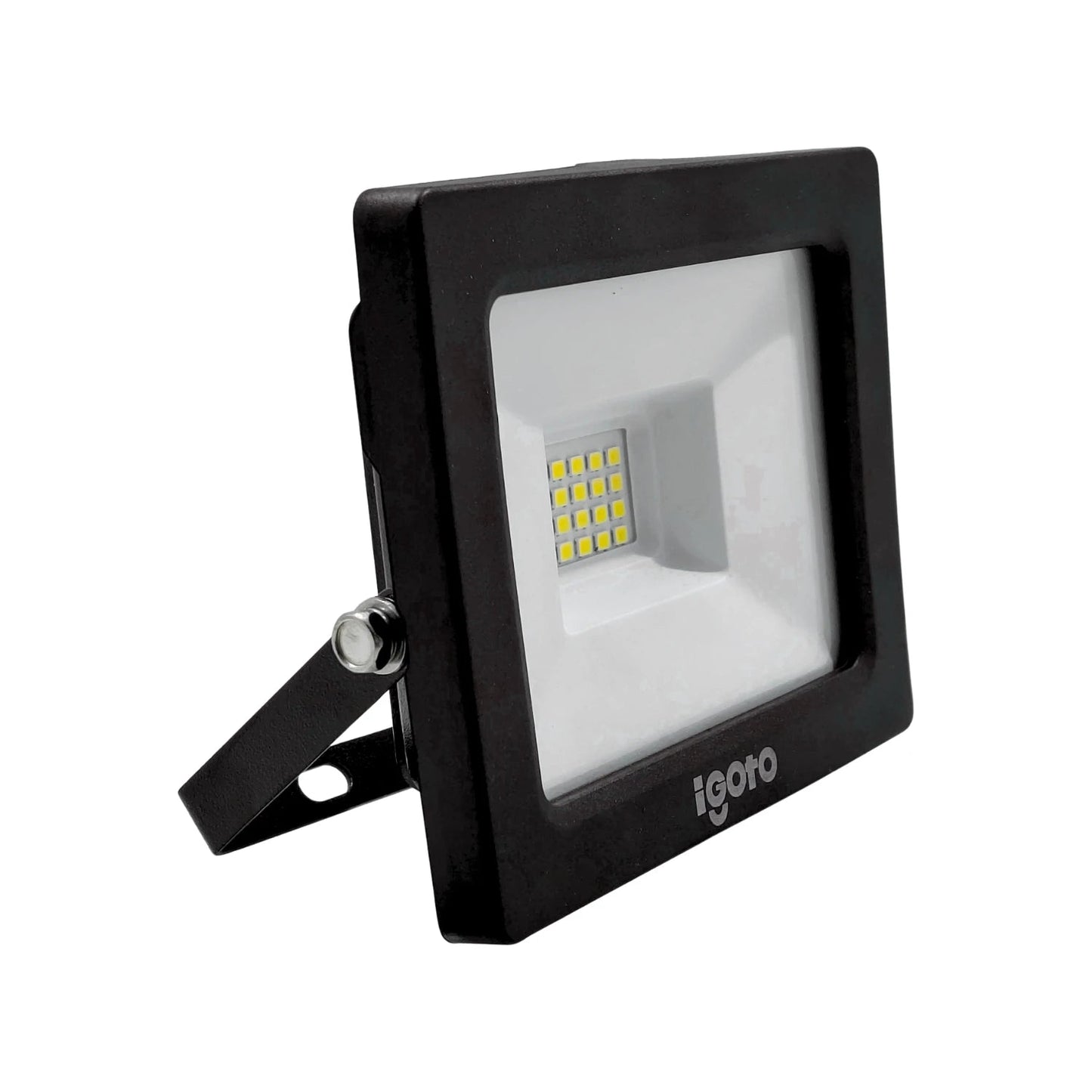 Reflector LED Igoto negro 20W con múltiples chips LED, soporte ajustable para iluminación exterior.