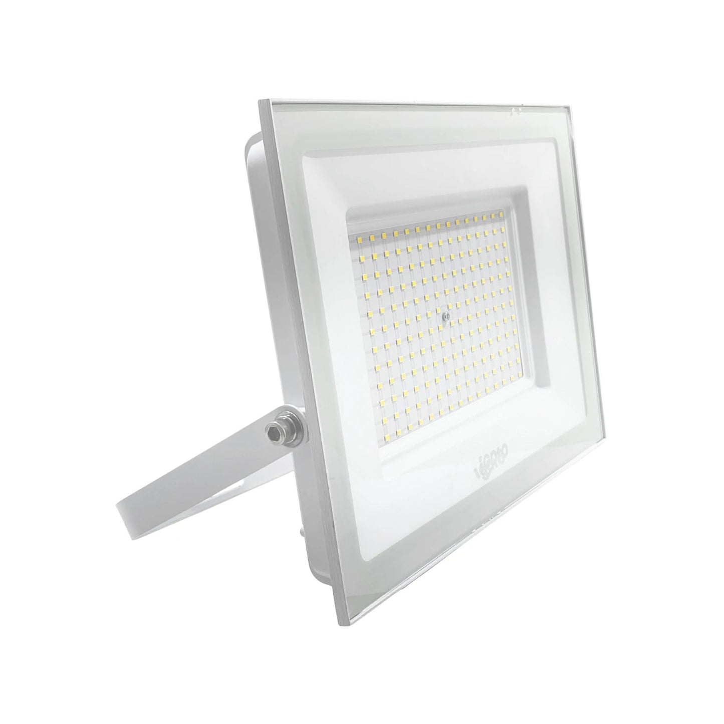 Reflector LED Igoto blanco 150W, con soporte ajustable, ideal para iluminación exterior y de seguridad.