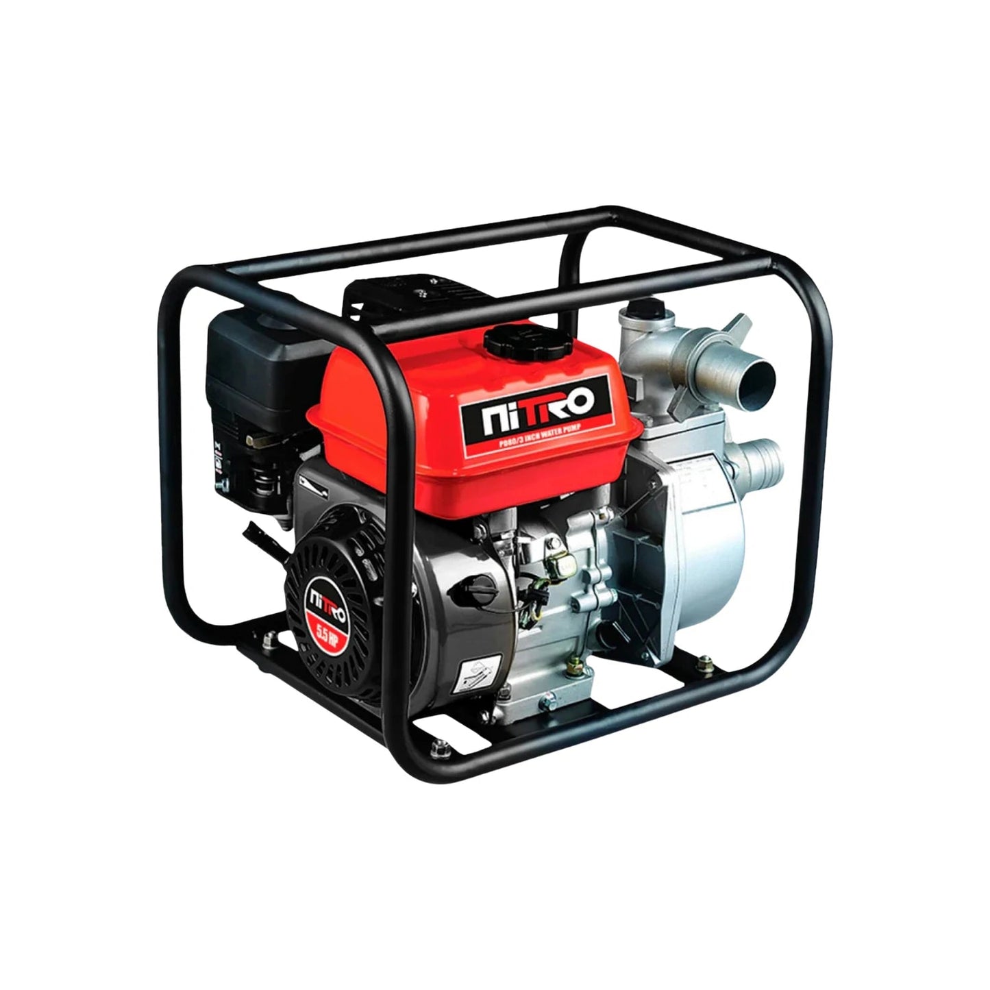 Moto bomba de gasolina Nitro 5.5 HP con motor rojo, 3 pulgadas para agua, chasis protector negro.