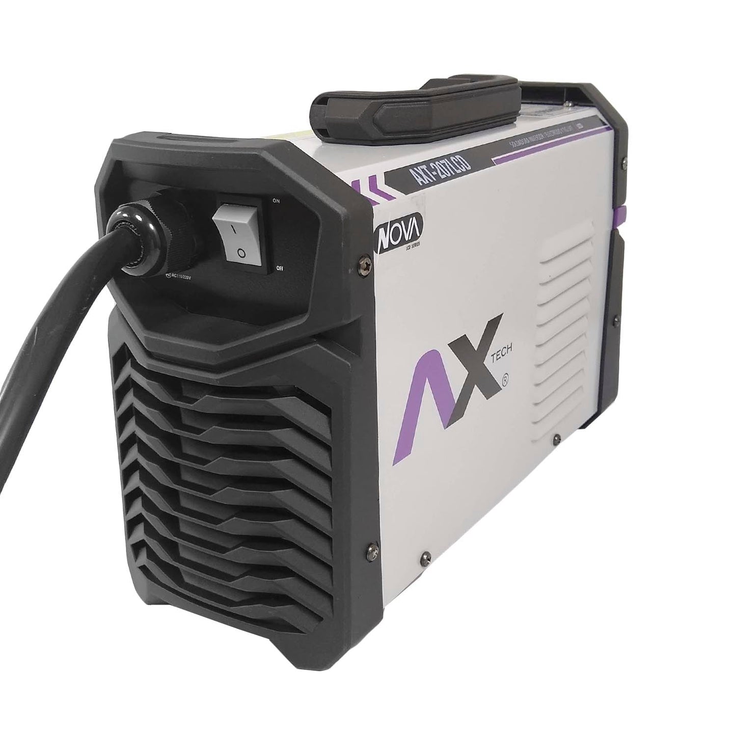 Soldadora inversora de electrodo Axtech AXT-207LCD 200A, portátil, color blanco, negro y morado con cable.