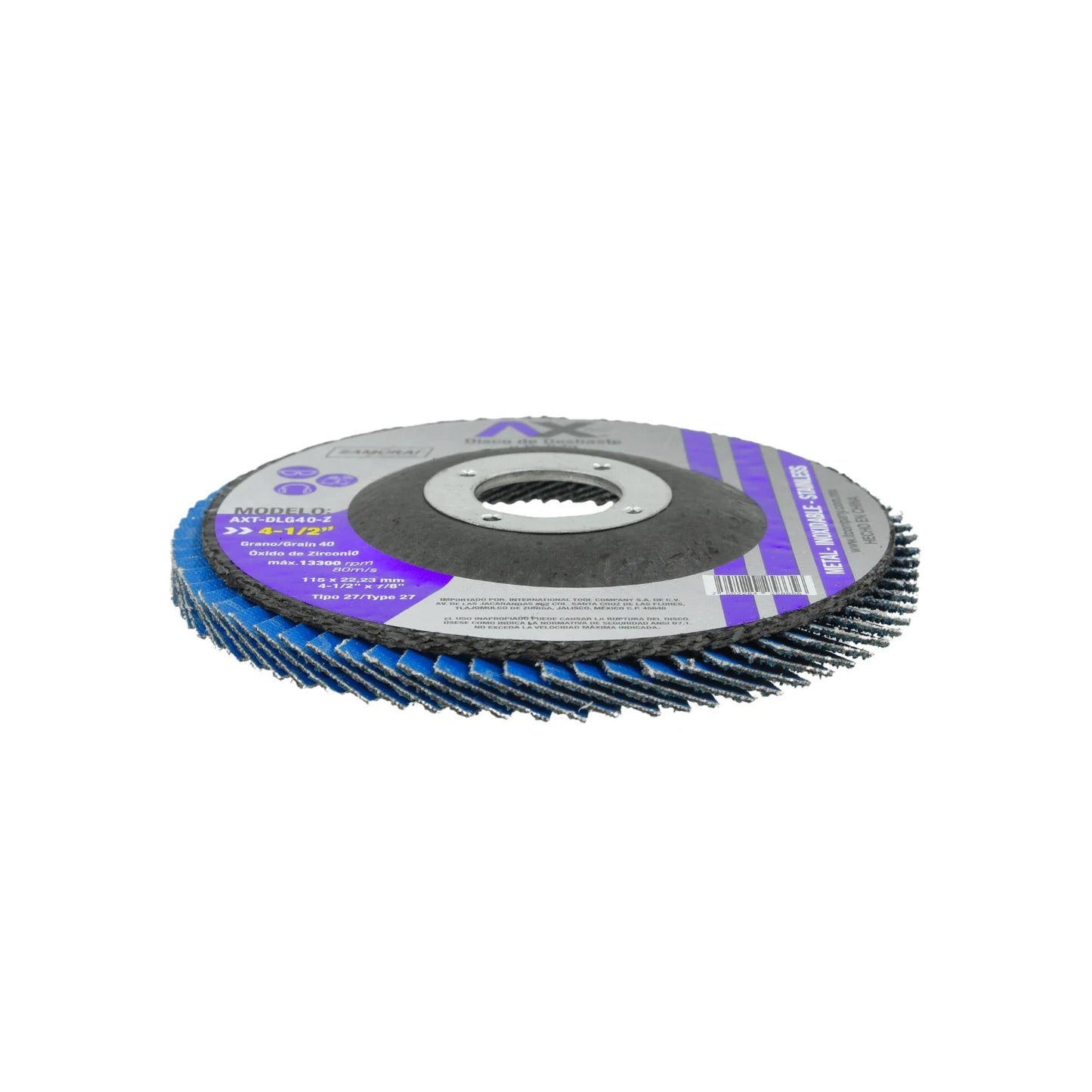Disco laminado AXTECH 4 1/2" grano 40 óxido de zirconio Tipo 27 para desbaste y acabado en metal e inoxidable.