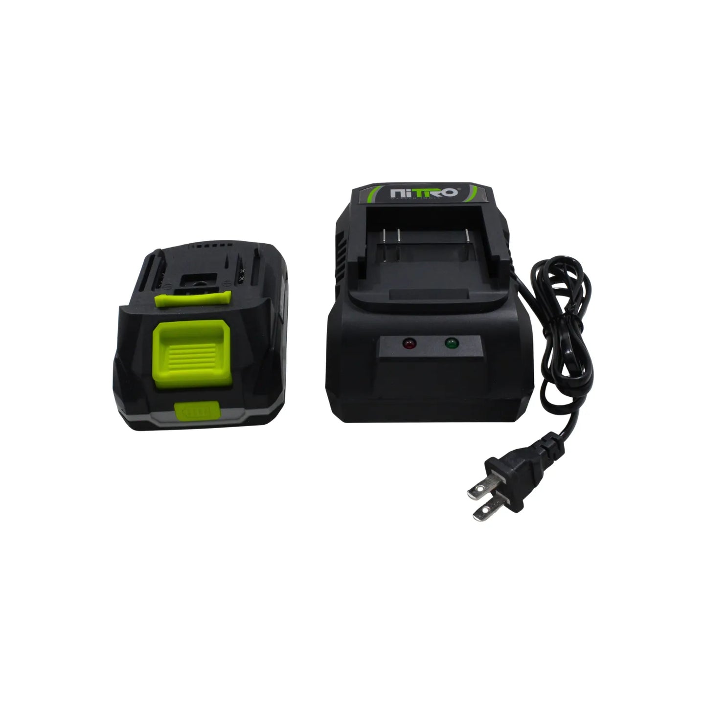 Cargador y batería NITRO para herramientas de jardín inalámbricas color negro y verde