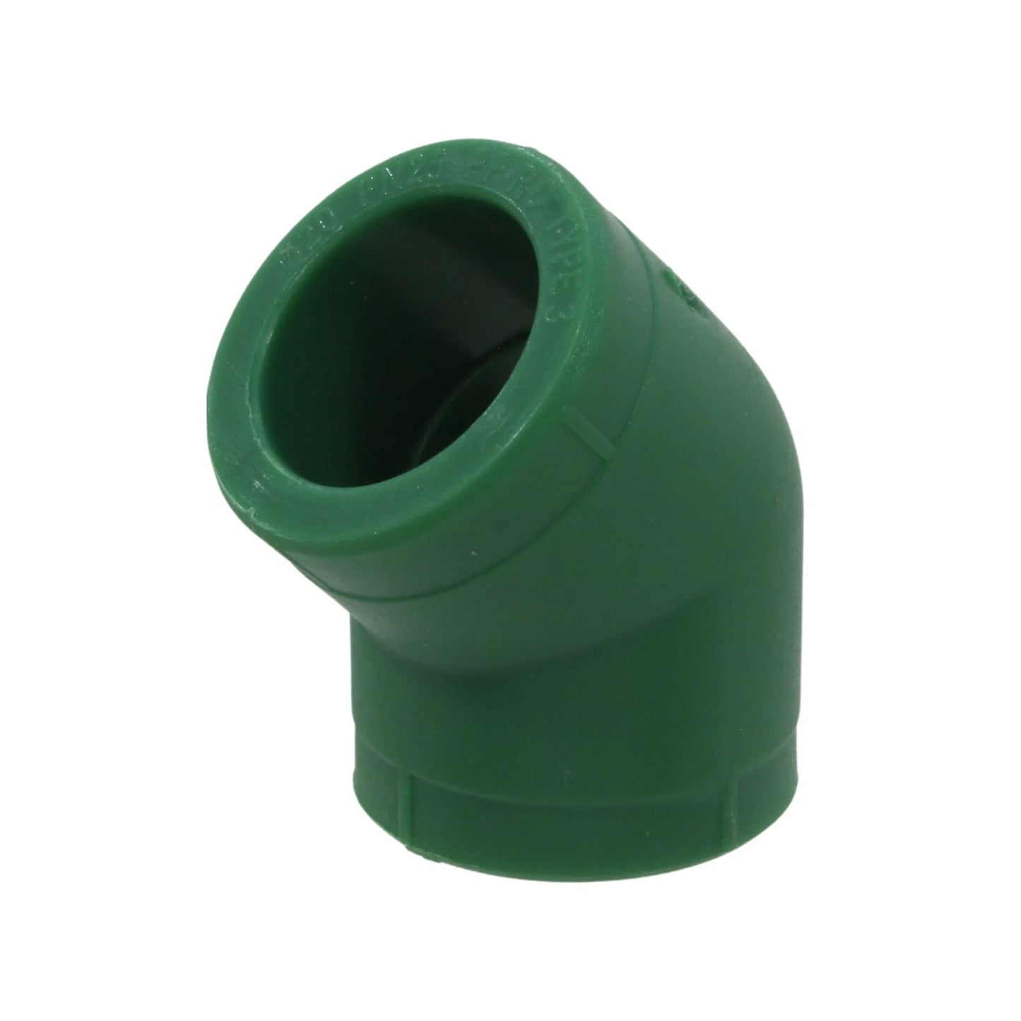 Codo PPR verde de 45 grados para tuberías, unión de termofusión en instalaciones de fontanería.