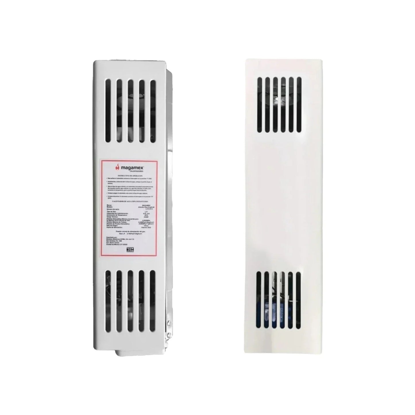 Calentador de agua instantáneo Magamex blanco, diseño vertical con rejillas de ventilación, para eficiencia energética