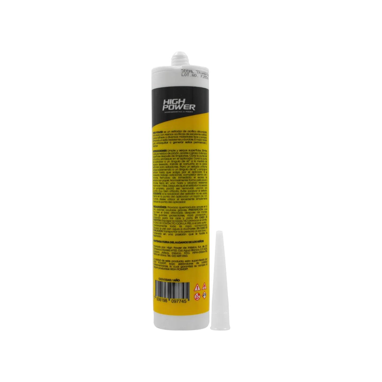 Sellador acrílico siliconizado High Power transparente en cartucho de 300ml con boquilla aplicadora para sellar grietas