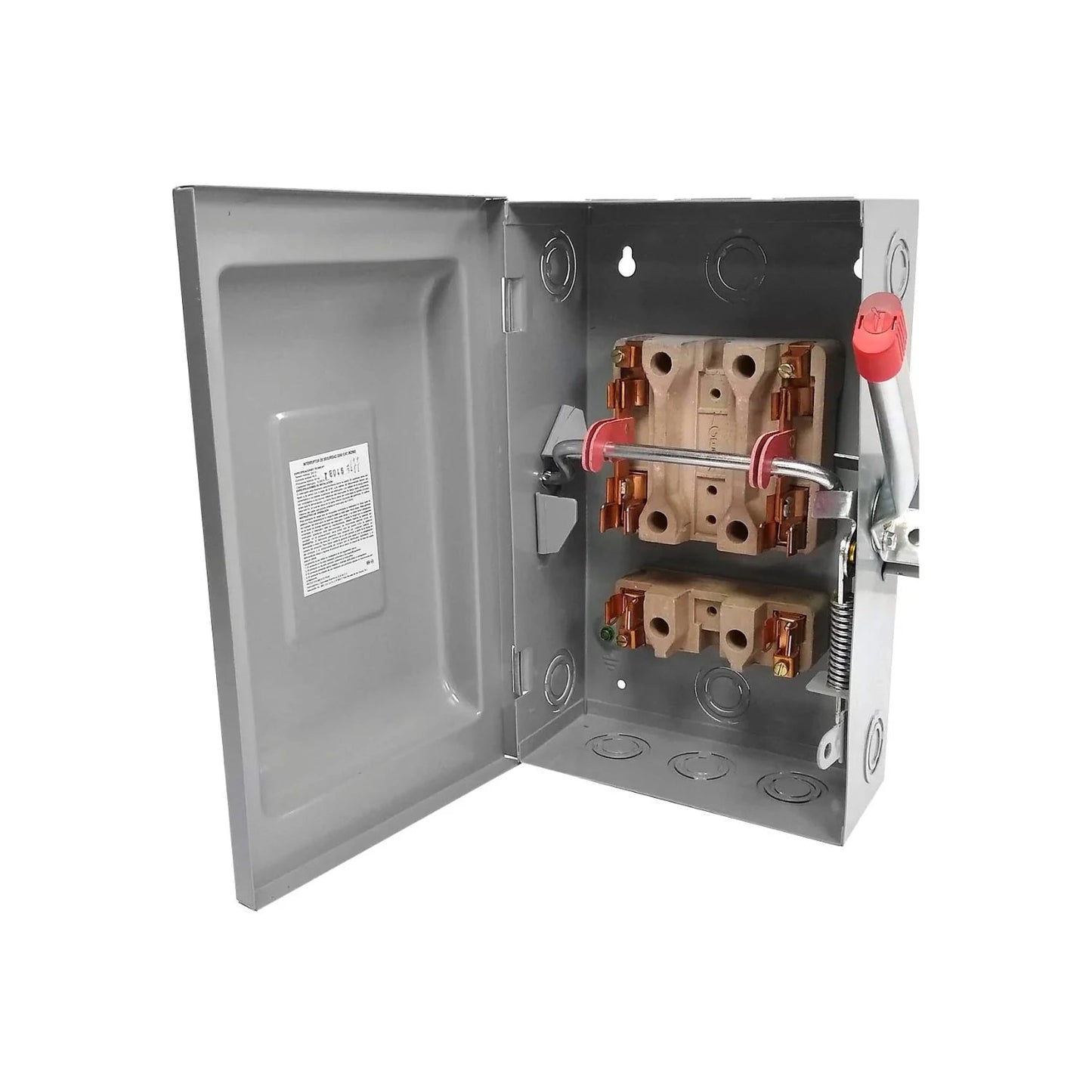 Interruptor de seguridad eléctrico 2x60 de porcelana con manija roja, en gabinete metálico gris abierto