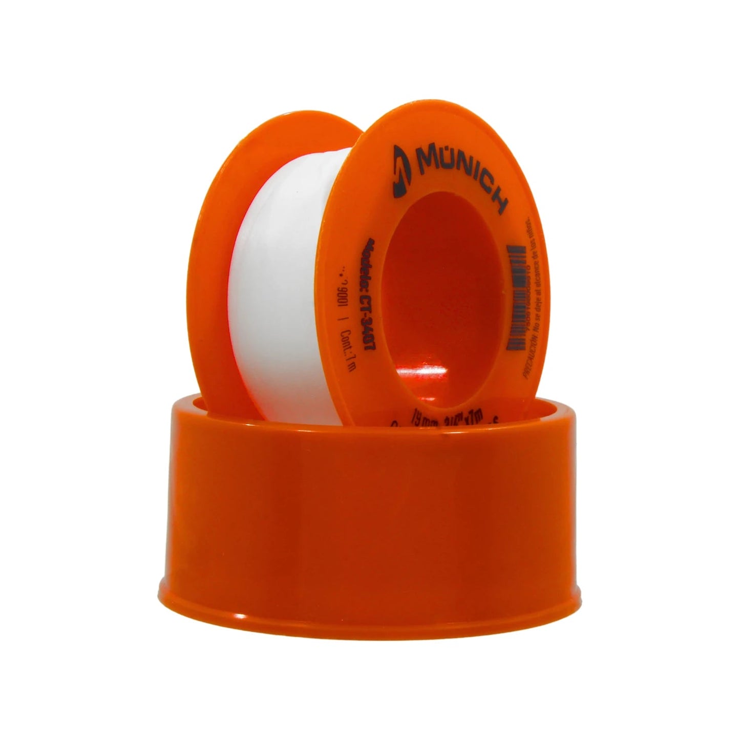 Cinta teflón blanca Munich CT-3407 de 3/4"x7m en dispensador naranja, para sellado de roscas de fontanería.