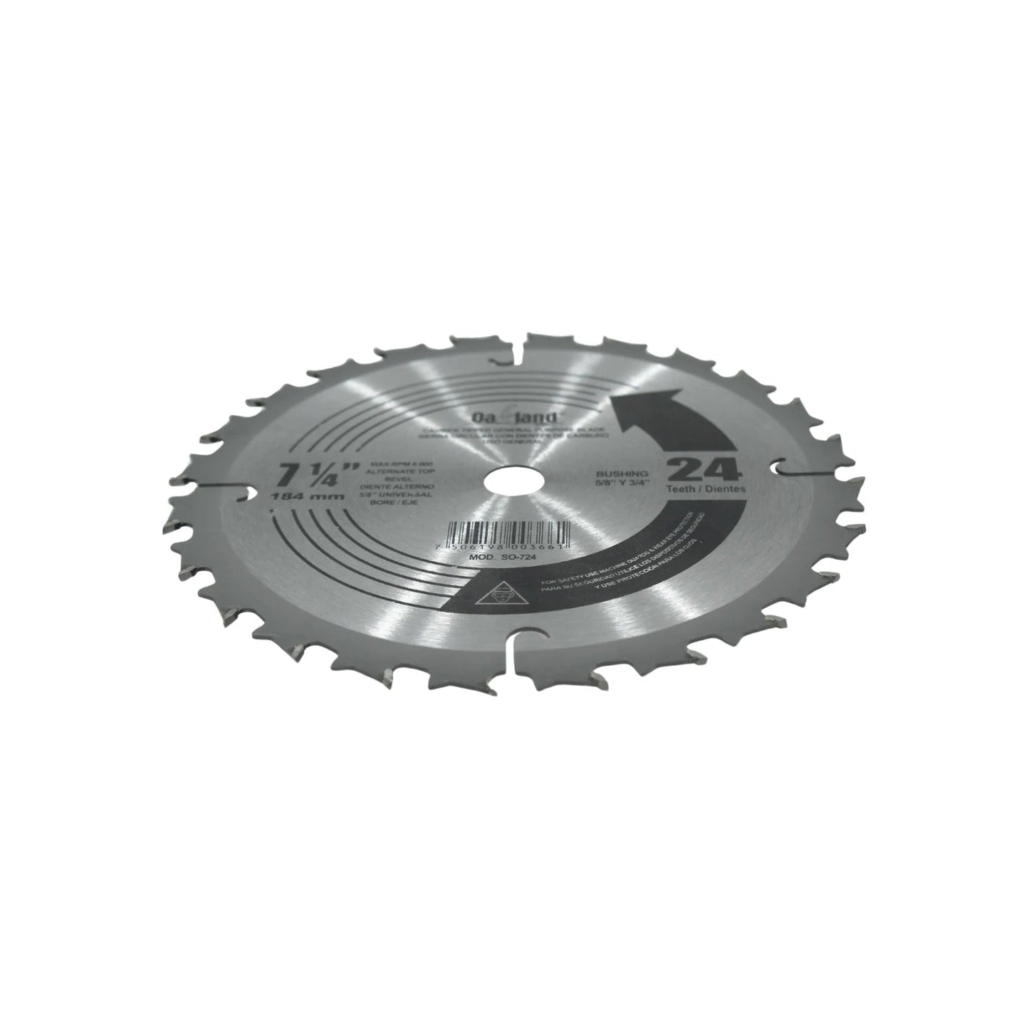 Disco sierra circular Oakland 7 1/4" 24 dientes, eje universal 5/8" y 3/4" para corte de madera.