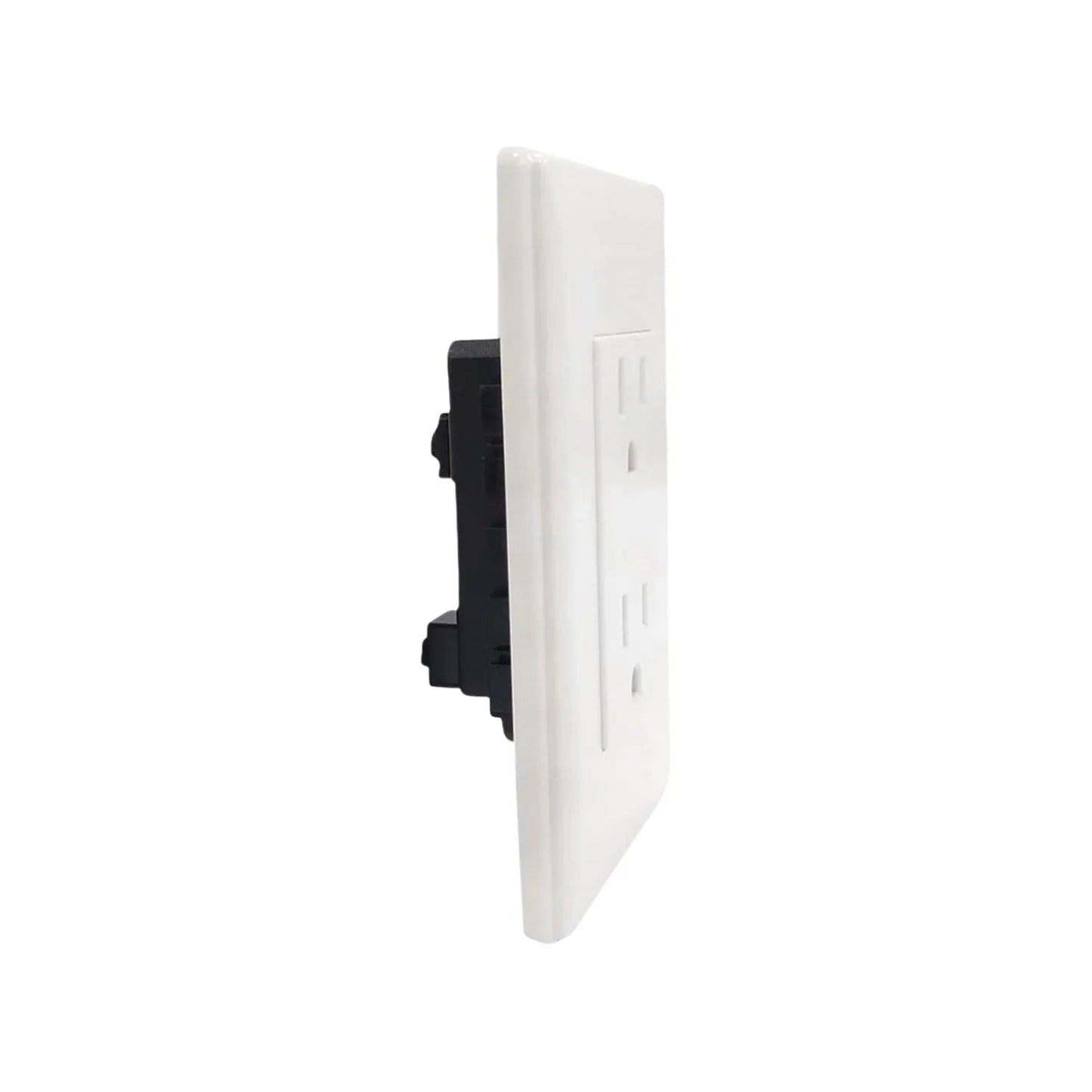 Placa de contacto eléctrico doble blanca para pared, vista lateral de tomacorriente duplex residencial