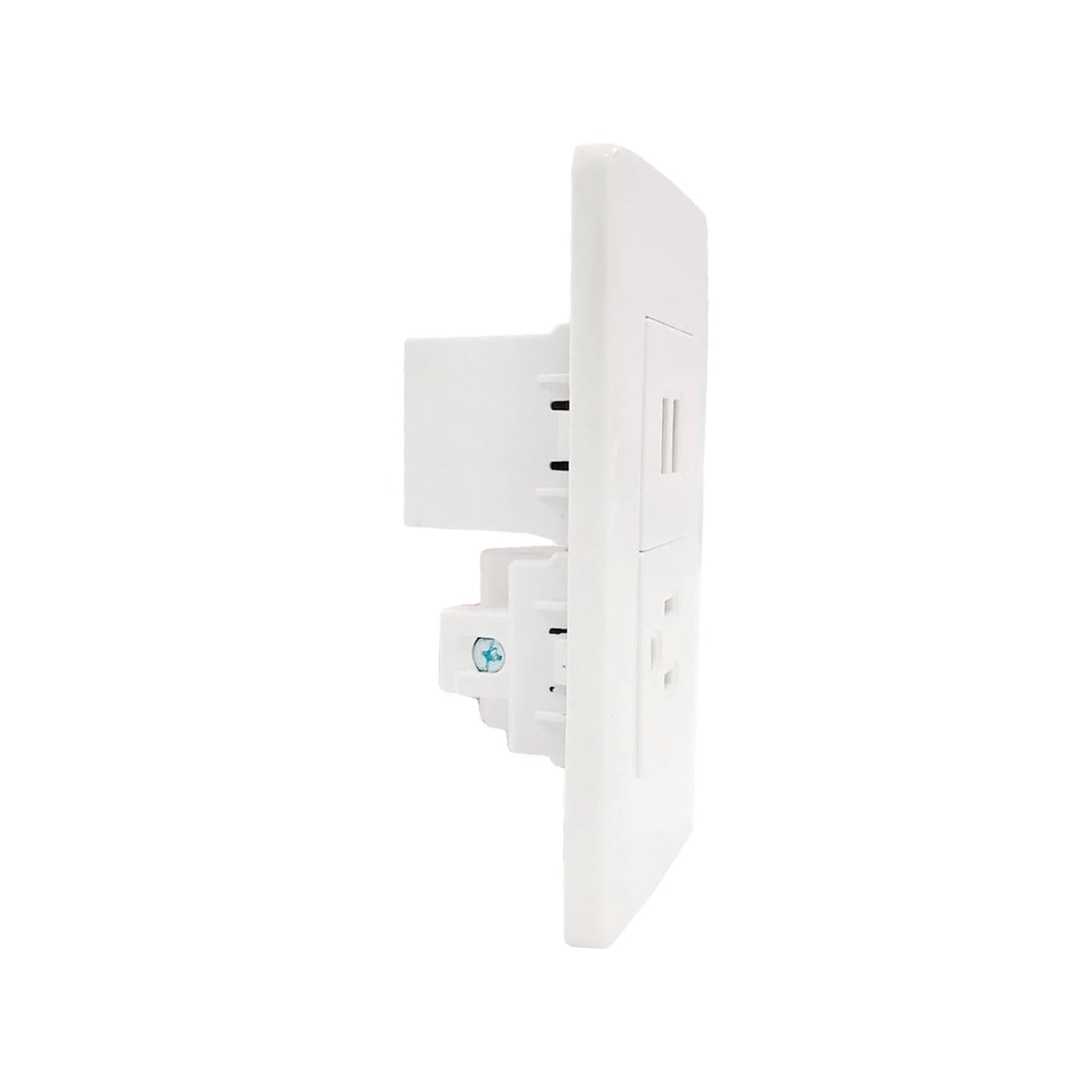 Placa de pared blanca con 1 tomacorriente y 2 puertos USB para carga de dispositivos