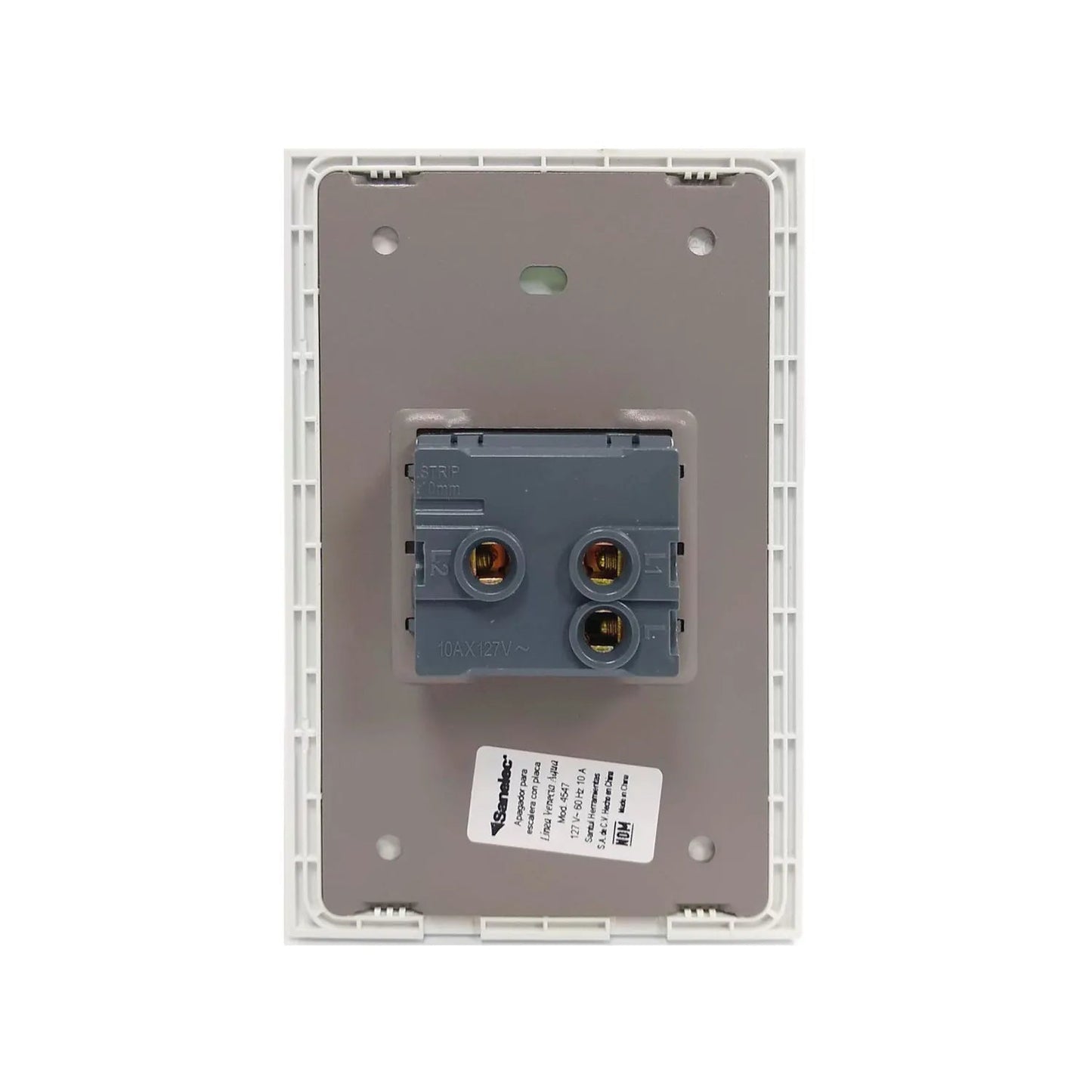 Apagador eléctrico Sanelec 10A 127V para escalera, vista trasera con terminales y placa blanca