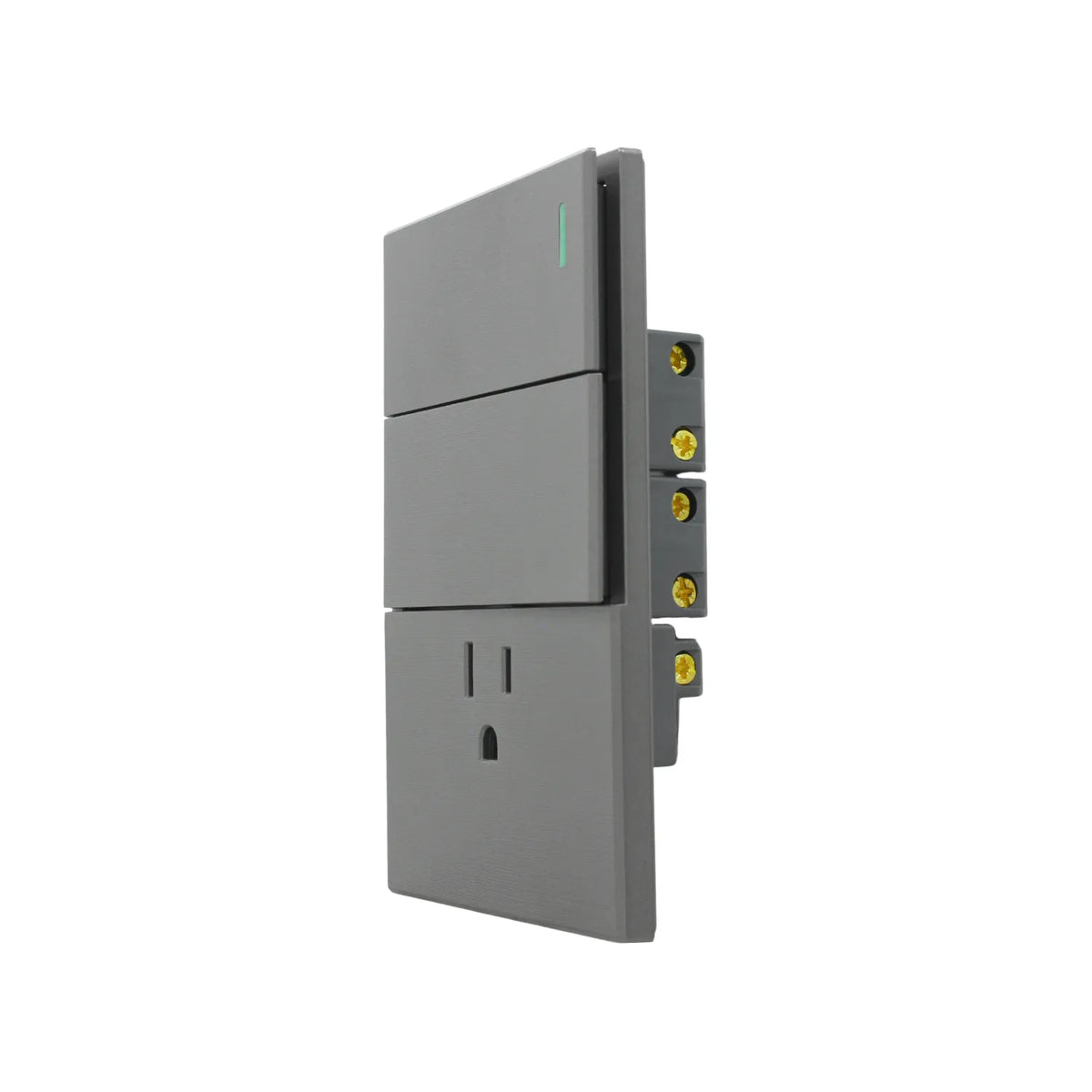 Interruptor doble y toma de corriente color gris con indicador LED para instalaciones eléctricas de pared