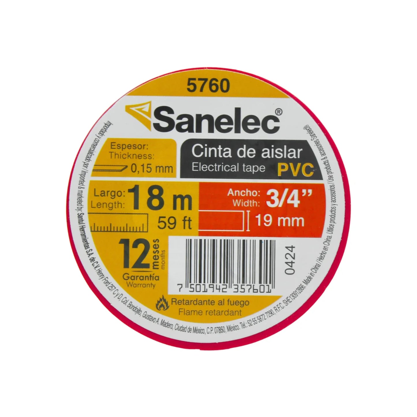 Cinta de aislar roja 18 m Sanelec 5760