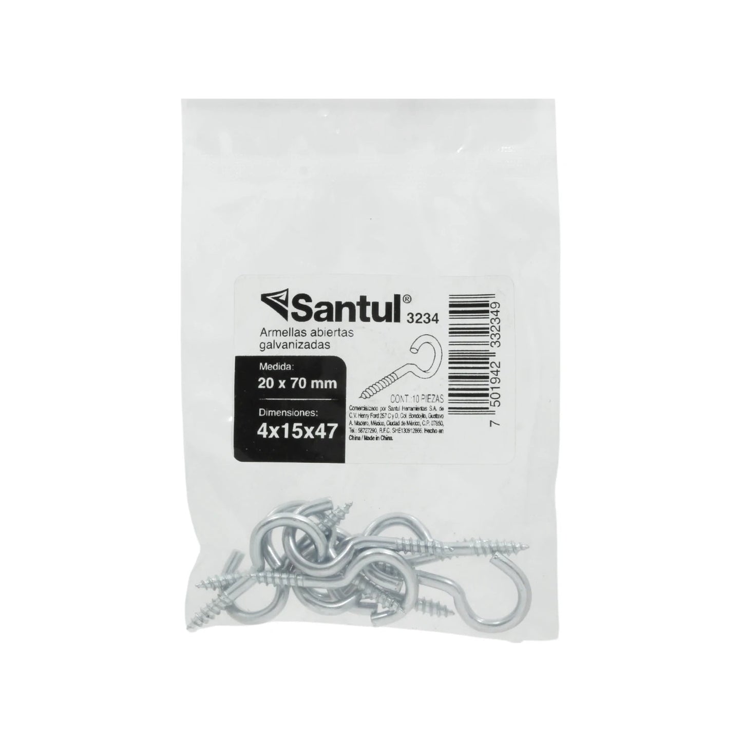 Armellas abiertas galvanizadas Santul 20x70mm, ganchos de metal, paquete de 10 piezas