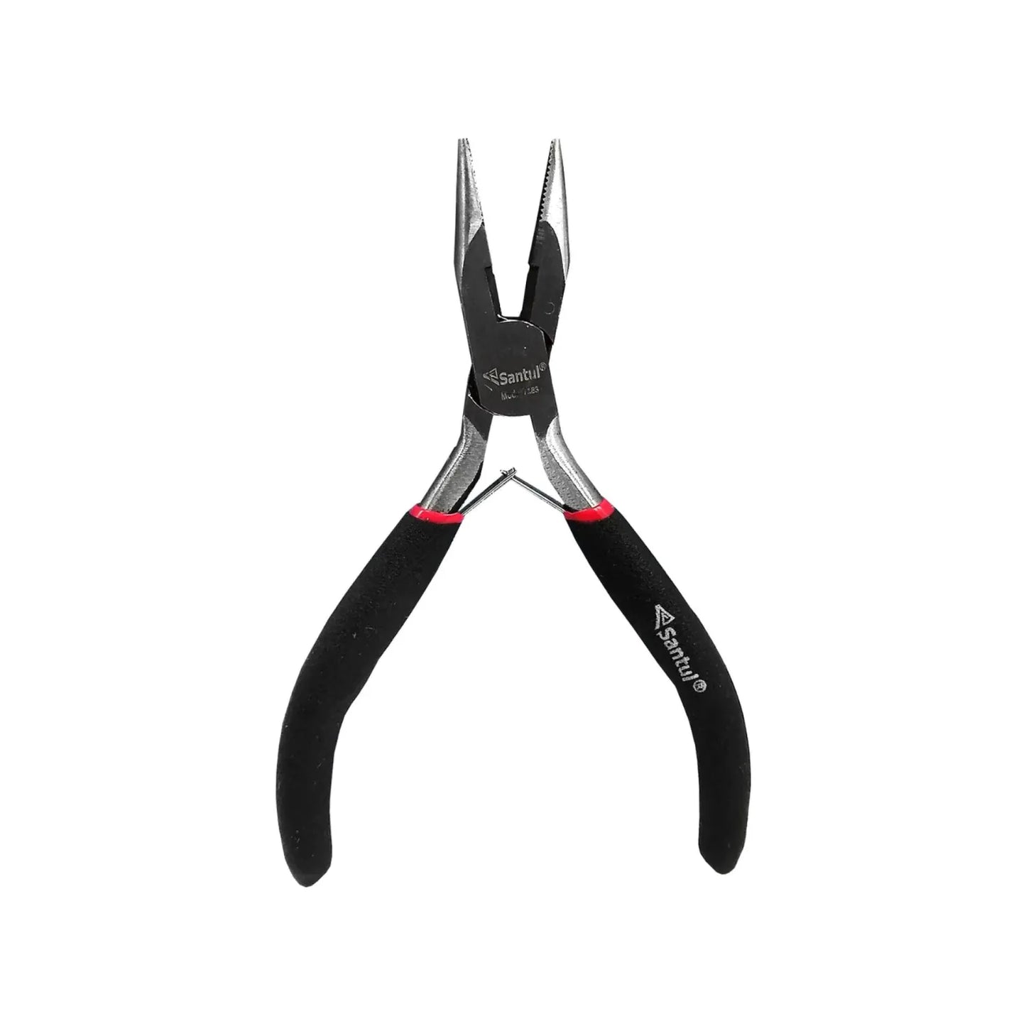 Pinzas de punta larga Santul, mango ergonómico negro y rojo, mordazas dentadas para sujeción de precisión.