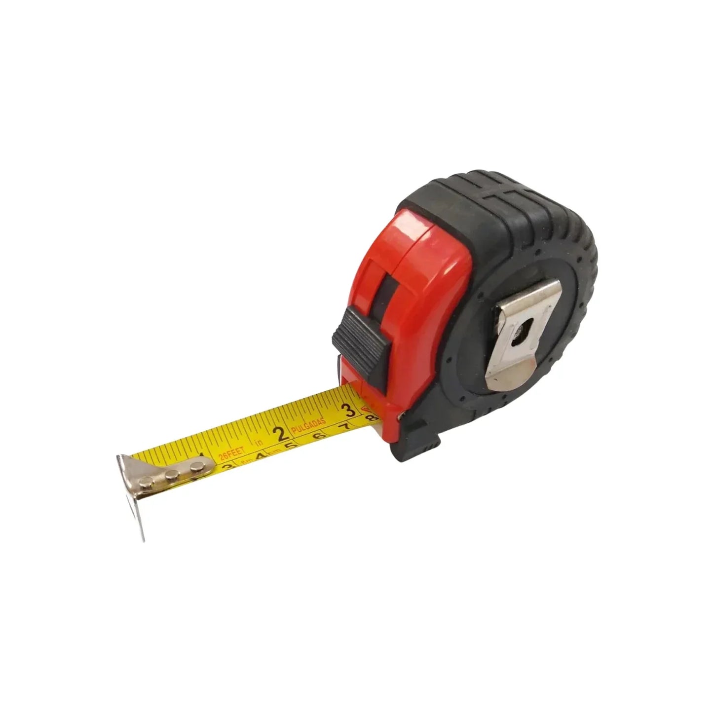 Flexómetro rojo y negro con cinta métrica de 26 pies/pulgadas. Herramienta de medición para construcción y carpintería.