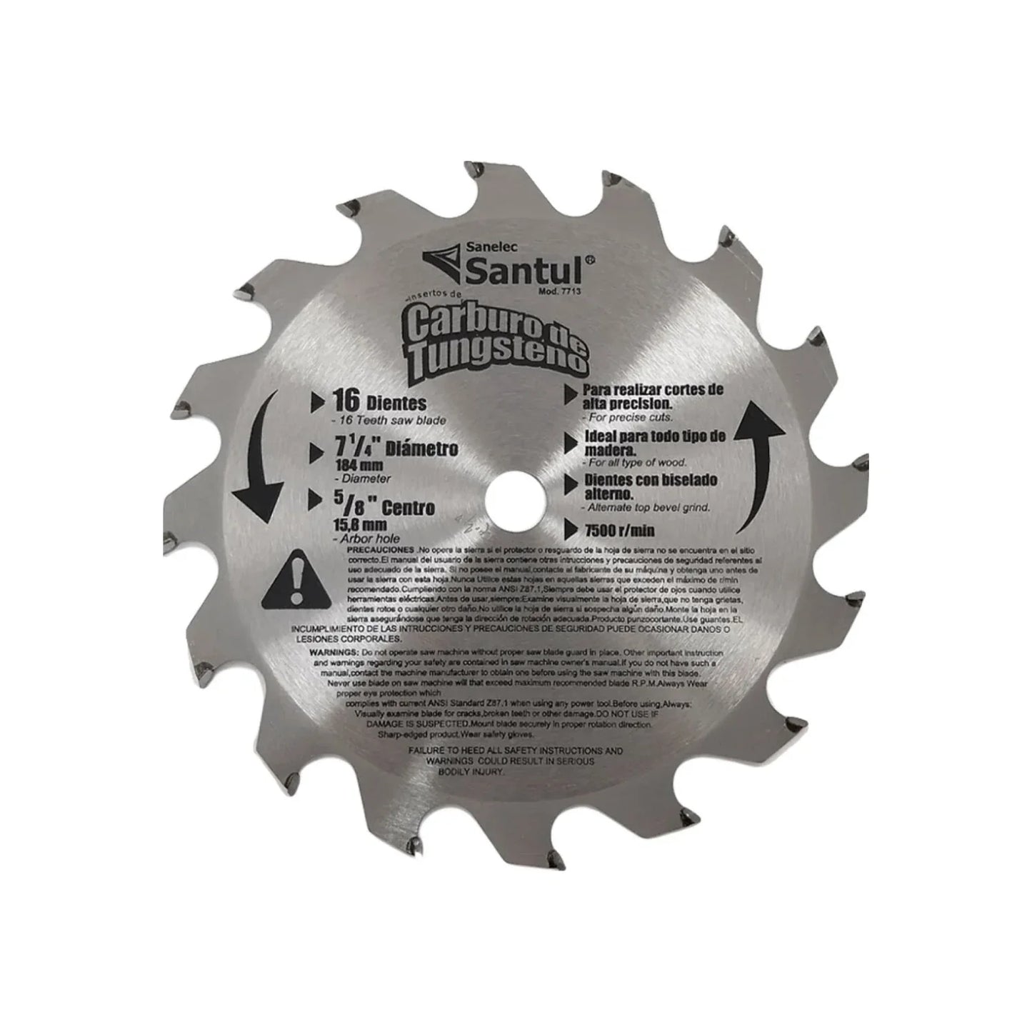 Disco sierra circular 7 1/4" de 16 dientes para madera Santul 7713