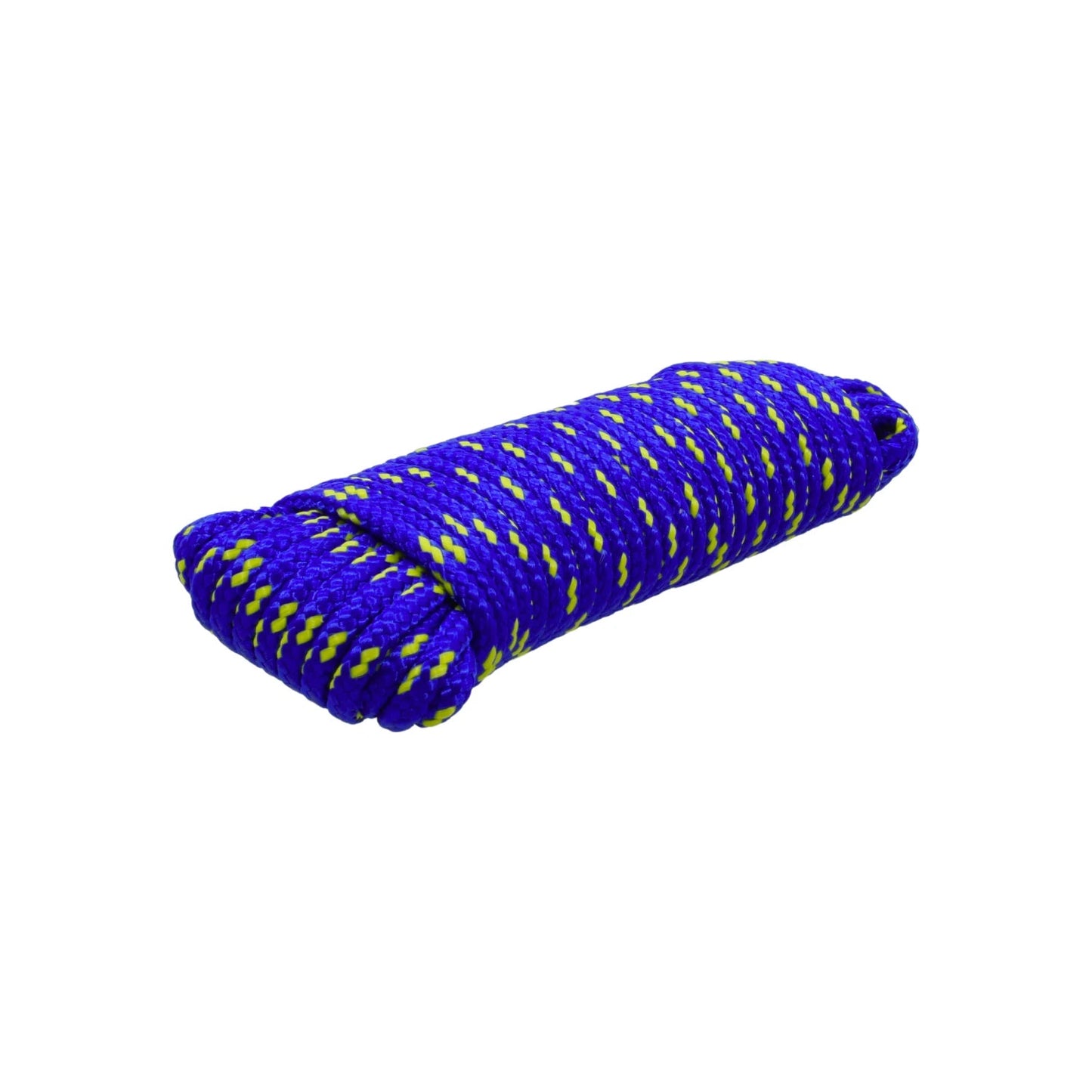 Cuerda de poliéster azul con puntos amarillos, 5mm, enrollada, para amarre y uso general en ferretería.