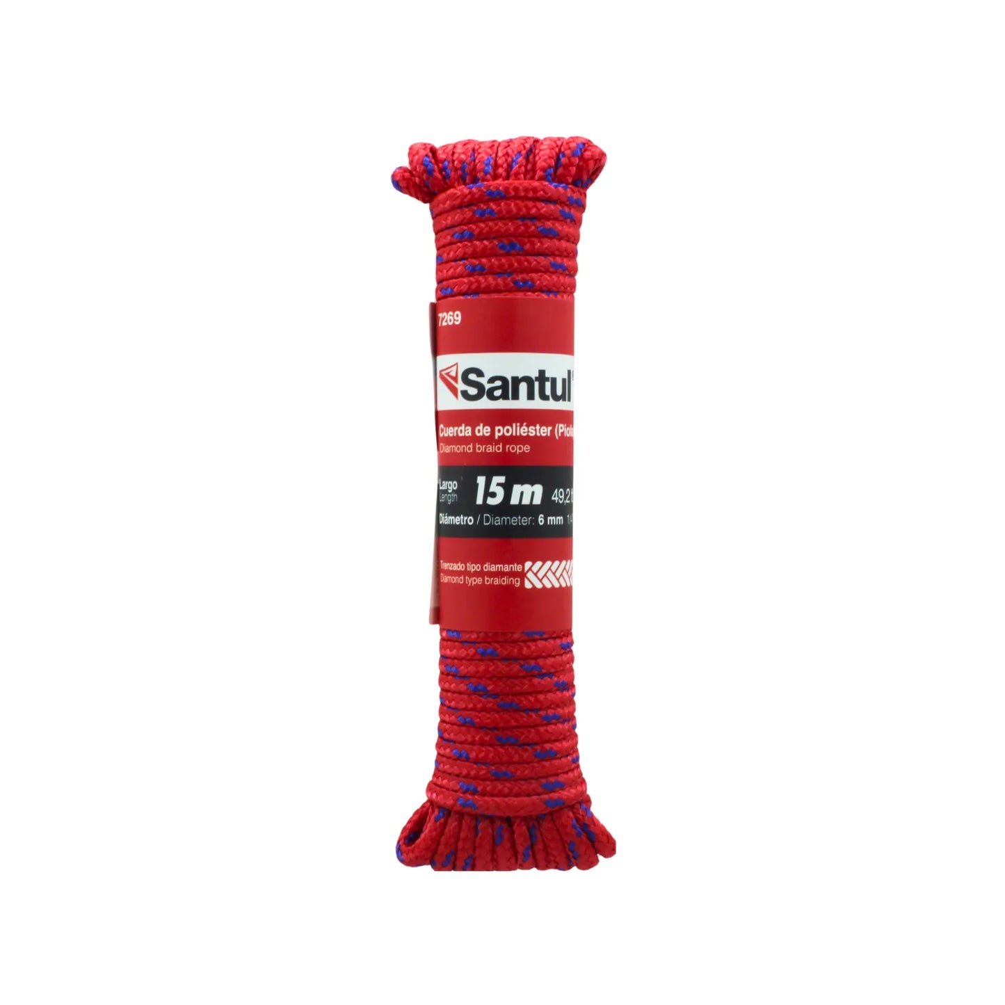 Cuerda de poliéster Santul roja 6mm x 15m, trenzado diamante, para ferretería y hogar