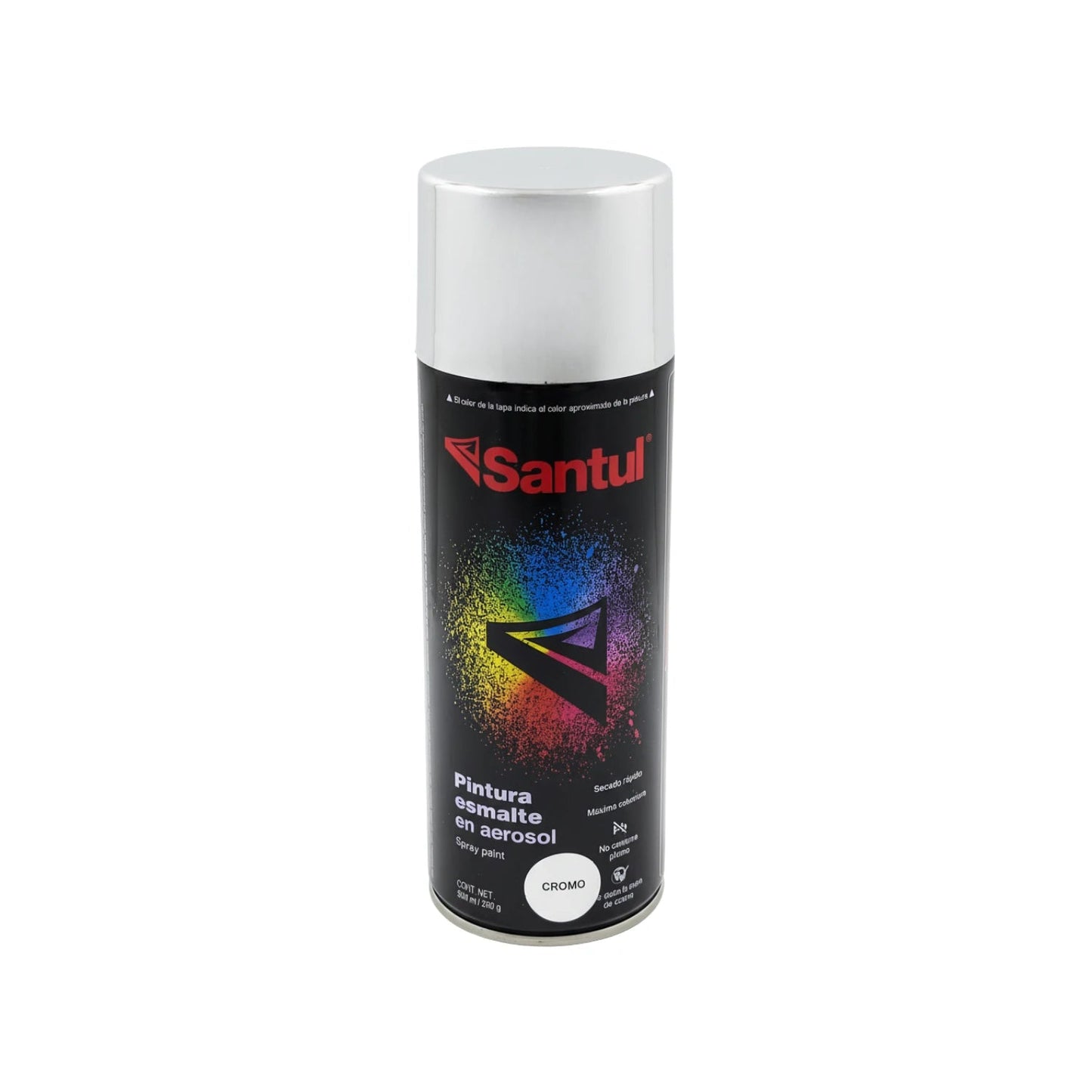 Pintura en aerosol Santul color cromo metálico de 300ml, secado rápido y alta cobertura para acabados brillantes.