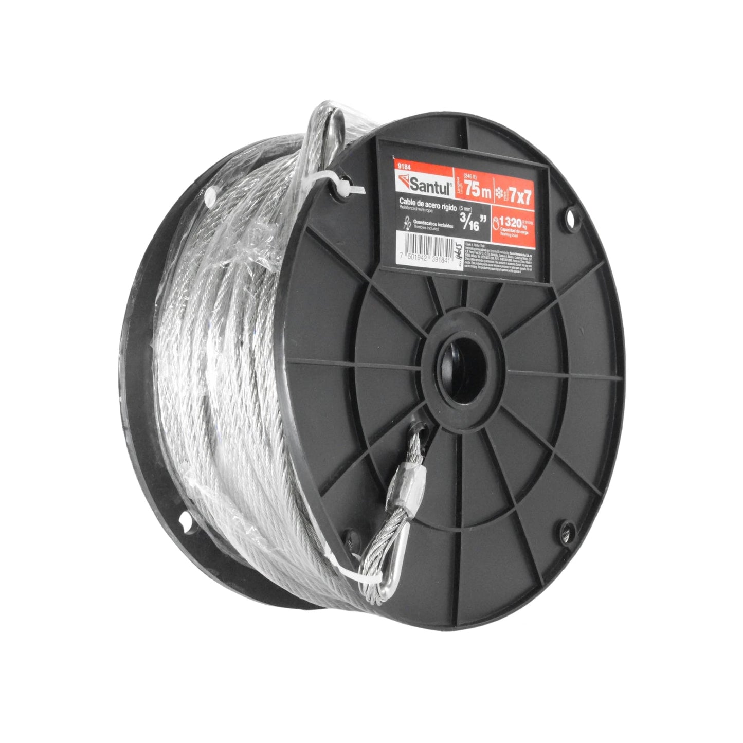 Cable de acero Santul 7x7 de 3/16" (5mm) x 75m en carrete negro, incluye guardacabos, para carga y arrastre.