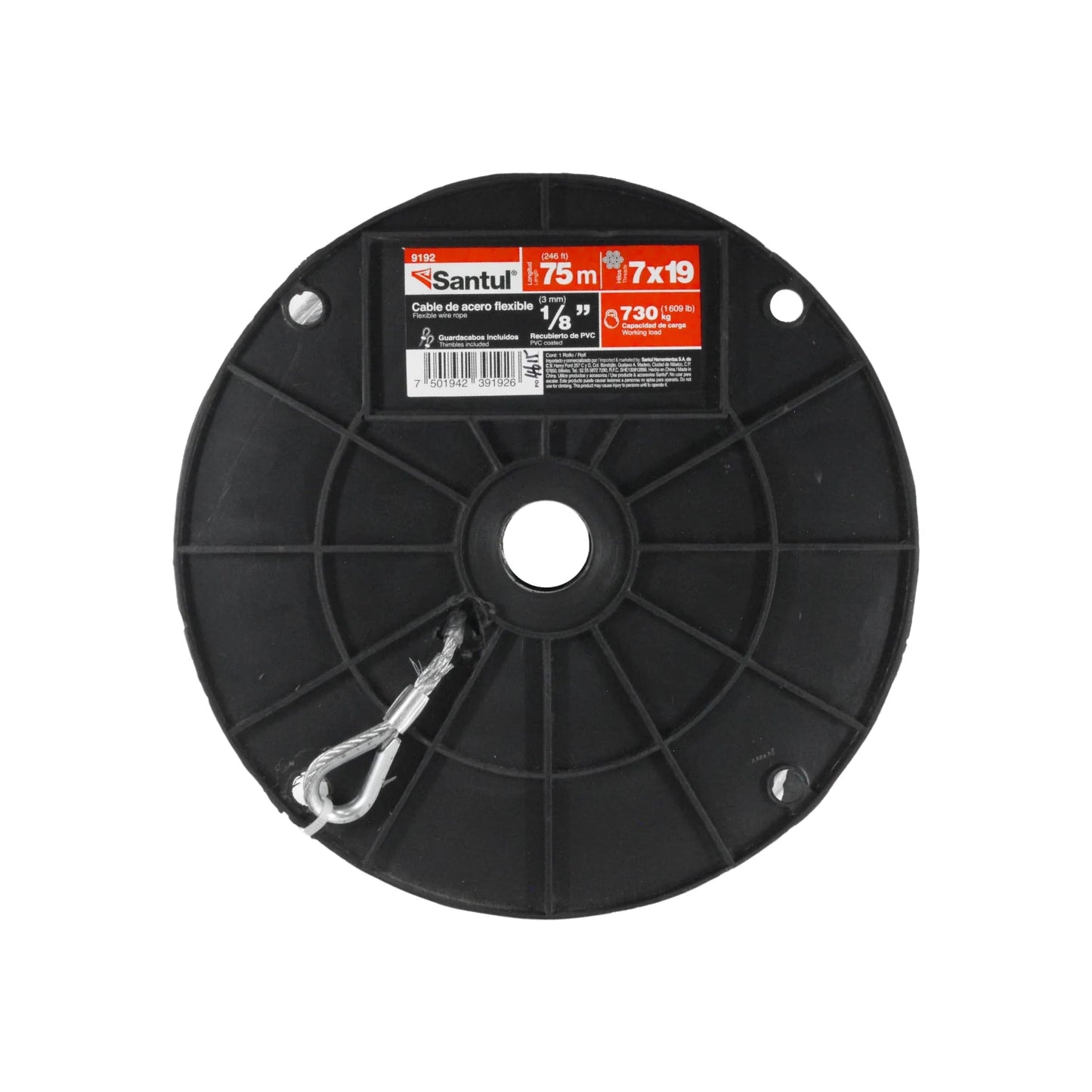 Cable de acero flexible Santul 9192 7x19, 1/8" (3mm) x 75m, recubierto PVC, guardacabos incluidos