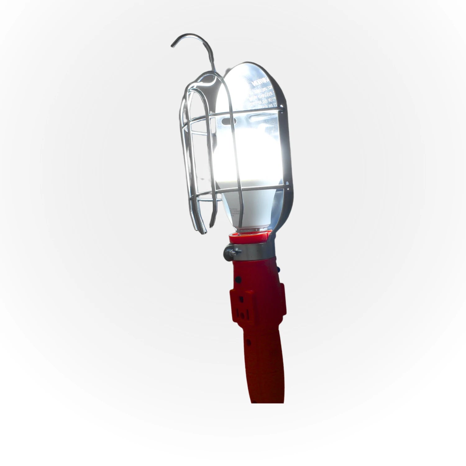 Foco de trabajo LED con jaula metálica, gancho, mango rojo y socket. Luz portátil para taller.