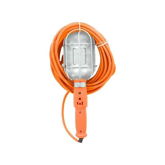 Extensión eléctrica naranja con lámpara de trabajo portátil, cable de 8 metros para taller u obra.