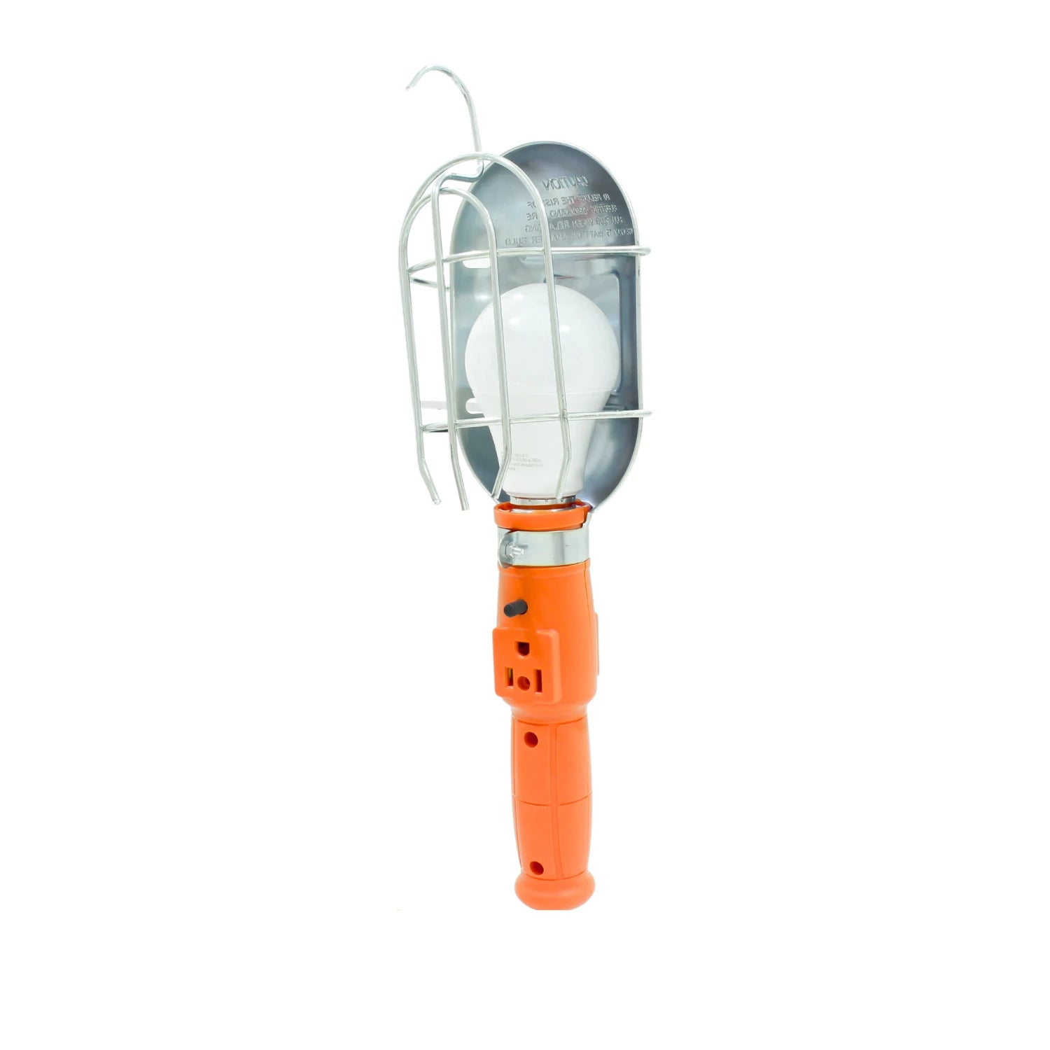 Lámpara de trabajo portátil LED, robusta, con rejilla protectora metálica, gancho para colgar y mango ergonómico naranja.